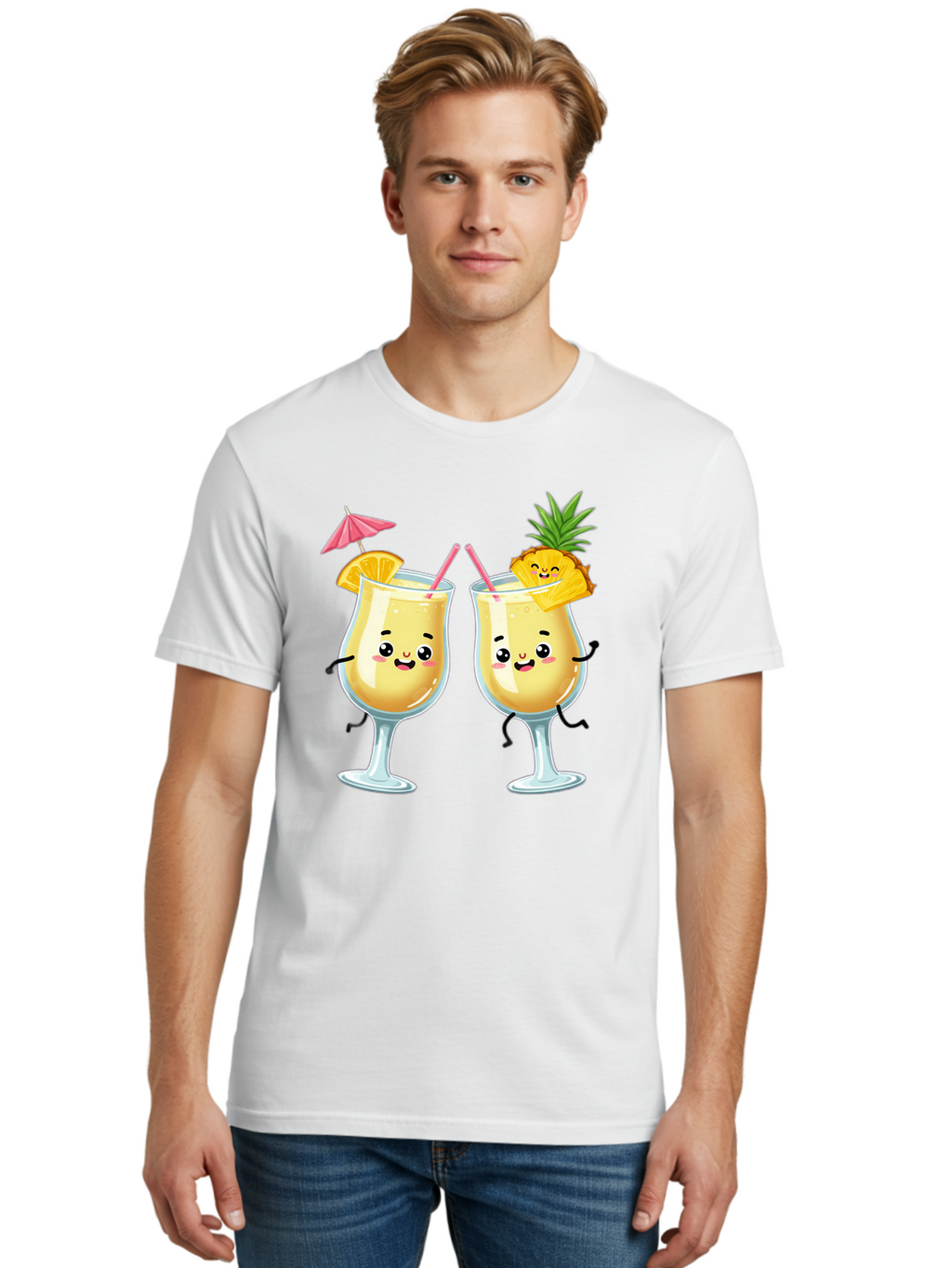 Cocktail-Glasses Men'S Graphic Tee, 100% Cotton, Comfortable Casual Summer Wear, Machine Washable, Cartoon Cocktail Glasses, Summer Drinks, Pineapple Cocktail, Orange Slice Garnish, Pink Umbrella, Funny Drinks, Tropical Beverages, Bac873
