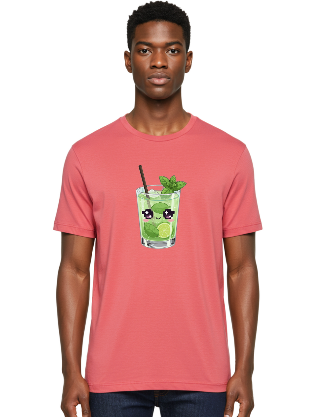 Cocktail-Mojito Men'S Graphic Tee, 100% Cotton, Comfortable Casual Summer Wear, Machine Washable, Mint Leaves, Lime Slice, Mojito Cocktail, Cartoon Character, Refreshing Drink, Cool Beverage, Summer Vibes, Cute Face Bac874