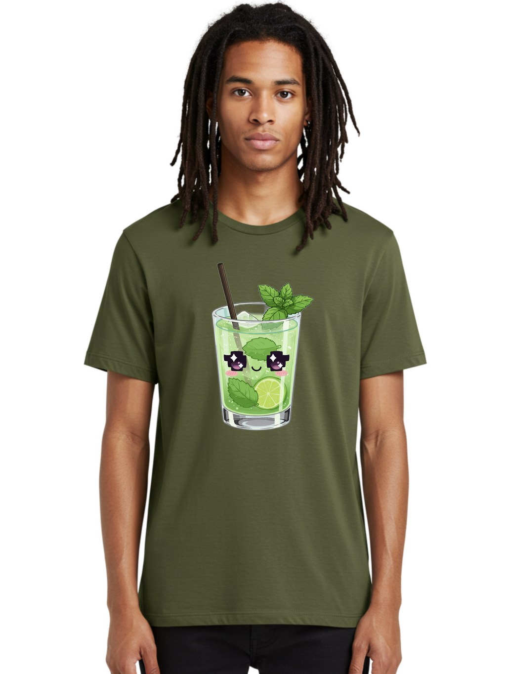 Cocktail-Mojito Men'S Graphic Tee, 100% Cotton, Comfortable Casual Summer Wear, Machine Washable, Mint Leaves, Lime Slice, Mojito Cocktail, Cartoon Character, Refreshing Drink, Cool Beverage, Summer Vibes, Cute Face Bac874