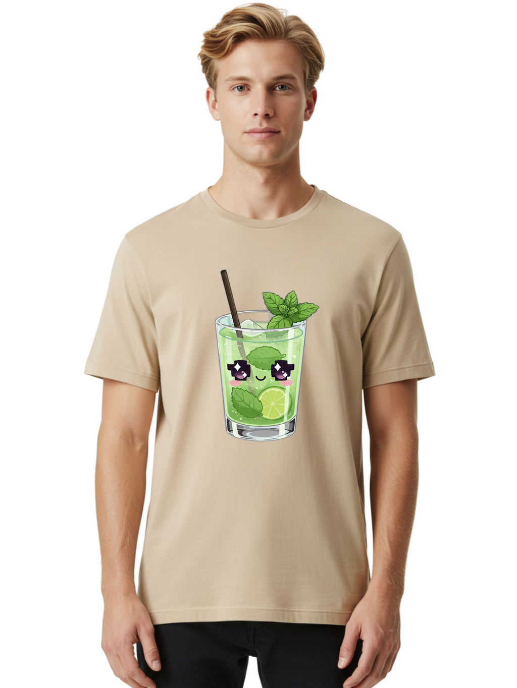 Cocktail-Mojito Men'S Graphic Tee, 100% Cotton, Comfortable Casual Summer Wear, Machine Washable, Mint Leaves, Lime Slice, Mojito Cocktail, Cartoon Character, Refreshing Drink, Cool Beverage, Summer Vibes, Cute Face Bac874