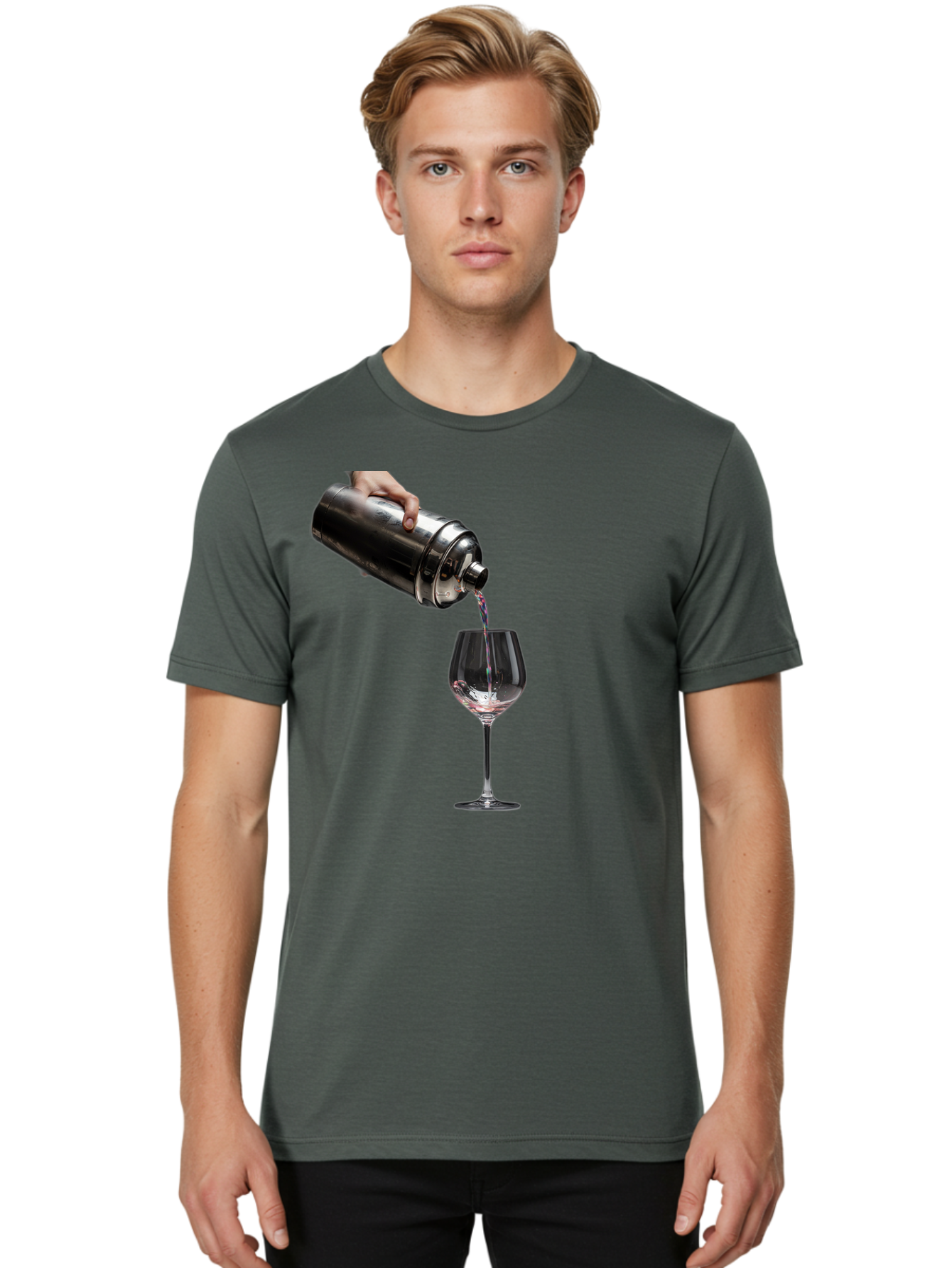Cocktail-Shaker-Pouring Men'S Graphic Tee, 100% Cotton, Comfortable Casual Summer Wear, Machine Washable, Cocktail Being Poured, Drink In Glass, Metal Cocktail Shaker, Pouring Drink, Alcohol Beverage, Mixology, Cocktail Recipe, Stylish Drink Bac875