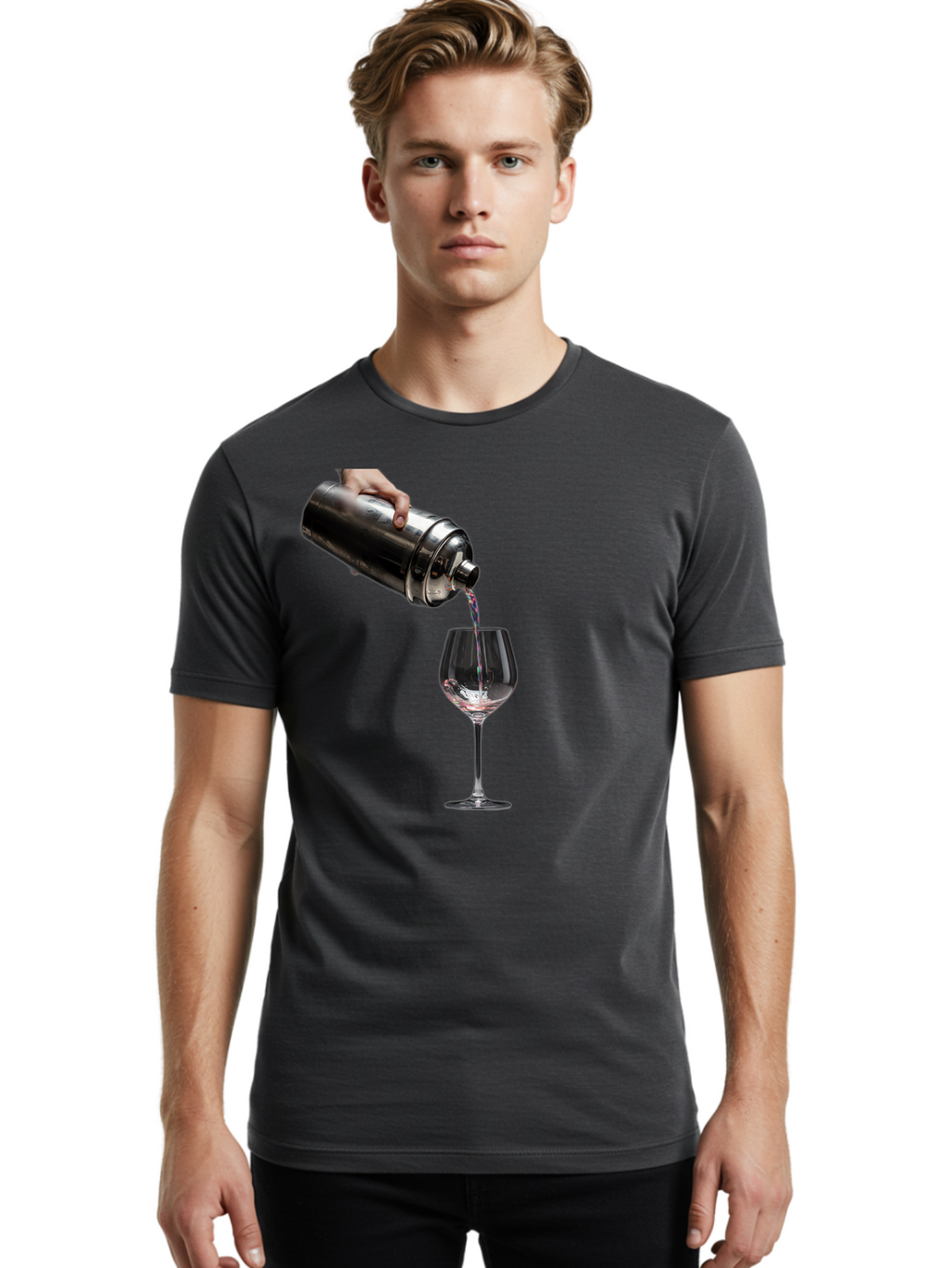 Cocktail-Shaker-Pouring Men'S Graphic Tee, 100% Cotton, Comfortable Casual Summer Wear, Machine Washable, Cocktail Being Poured, Drink In Glass, Metal Cocktail Shaker, Pouring Drink, Alcohol Beverage, Mixology, Cocktail Recipe, Stylish Drink Bac875