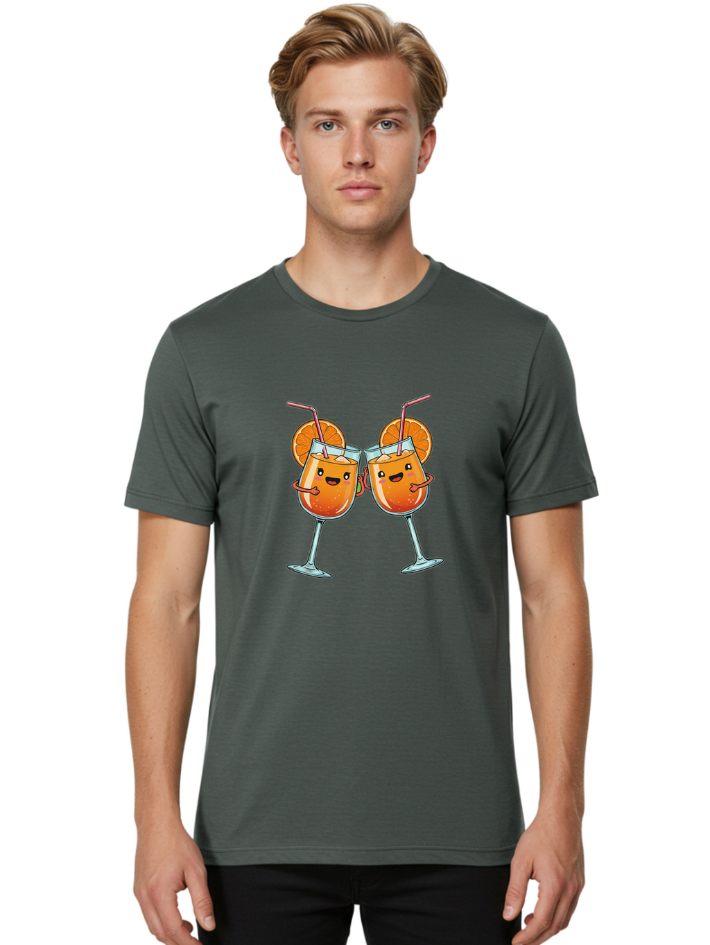Cocktail-Toast Men'S Graphic Tee, 100% Cotton, Comfortable Casual Summer Wear, Machine Washable, Orange Cocktails, Wine Glasses Toasting, Cartoon Drinks, Orange Slices, Straws, Happy Faces, Fun Illustration, Cheers, Refreshing Drinks, Bac877