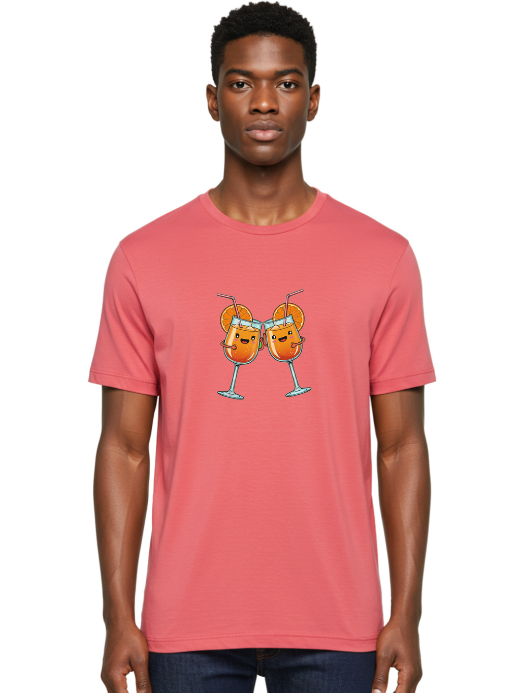 Cocktail-Toast Men'S Graphic Tee, 100% Cotton, Comfortable Casual Summer Wear, Machine Washable, Orange Cocktails, Wine Glasses Toasting, Cartoon Drinks, Orange Slices, Straws, Happy Faces, Fun Illustration, Cheers, Refreshing Drinks, Bac877