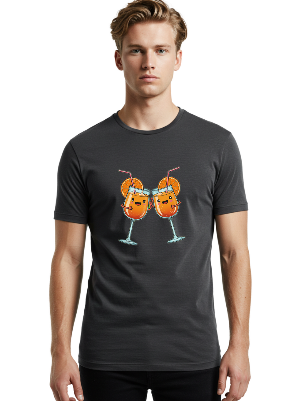 Cocktail-Toast Men'S Graphic Tee, 100% Cotton, Comfortable Casual Summer Wear, Machine Washable, Orange Cocktails, Wine Glasses Toasting, Cartoon Drinks, Orange Slices, Straws, Happy Faces, Fun Illustration, Cheers, Refreshing Drinks, Bac877