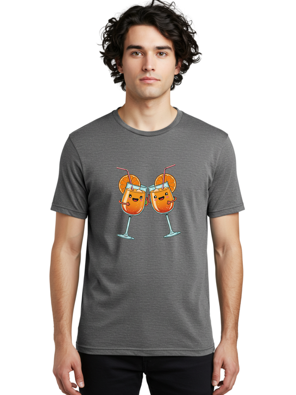 Cocktail-Toast Men'S Graphic Tee, 100% Cotton, Comfortable Casual Summer Wear, Machine Washable, Orange Cocktails, Wine Glasses Toasting, Cartoon Drinks, Orange Slices, Straws, Happy Faces, Fun Illustration, Cheers, Refreshing Drinks, Bac877