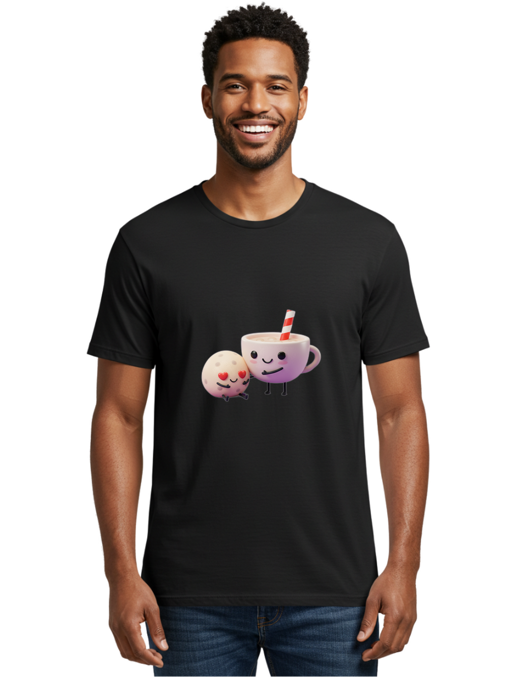 Coffee-Cup-And-Cookie Men'S Graphic Tee, 100% Cotton, Comfortable Casual Summer Wear, Machine Washable, Cartoon Cup, Smiling Cookie, Heart Eyes, Striped Straw, Cute Characters, Anthropomorphic Objects, Playful Design, Whimsical Illustration, Bac878