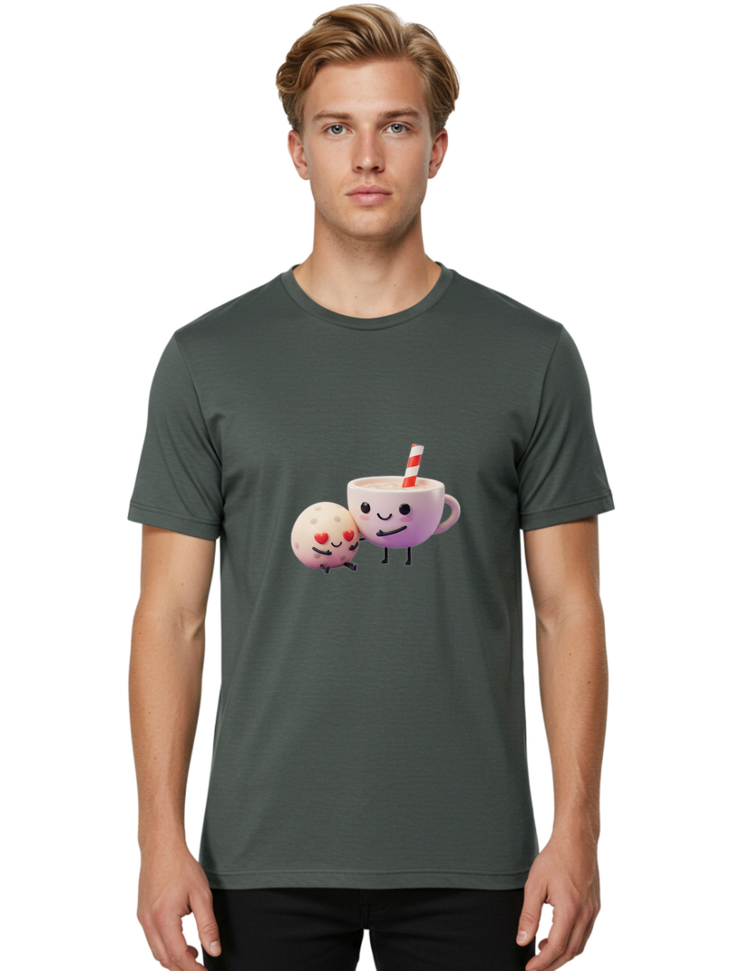 Coffee-Cup-And-Cookie Men'S Graphic Tee, 100% Cotton, Comfortable Casual Summer Wear, Machine Washable, Cartoon Cup, Smiling Cookie, Heart Eyes, Striped Straw, Cute Characters, Anthropomorphic Objects, Playful Design, Whimsical Illustration, Bac878