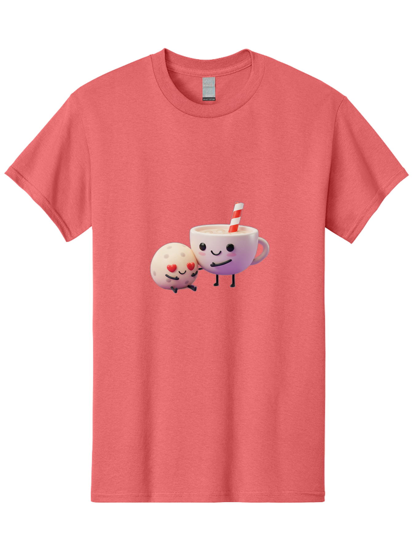 Coffee-Cup-And-Cookie Men'S Graphic Tee, 100% Cotton, Comfortable Casual Summer Wear, Machine Washable, Cartoon Cup, Smiling Cookie, Heart Eyes, Striped Straw, Cute Characters, Anthropomorphic Objects, Playful Design, Whimsical Illustration, Bac878