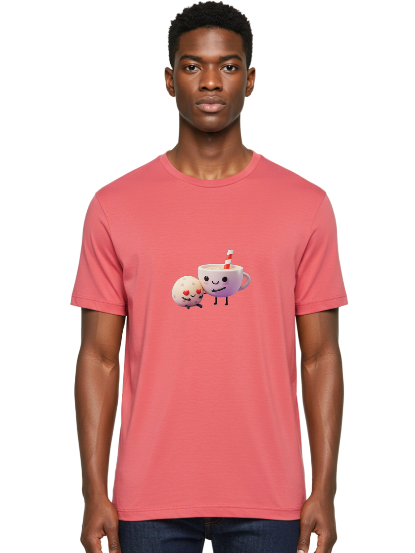 Coffee-Cup-And-Cookie Men'S Graphic Tee, 100% Cotton, Comfortable Casual Summer Wear, Machine Washable, Cartoon Cup, Smiling Cookie, Heart Eyes, Striped Straw, Cute Characters, Anthropomorphic Objects, Playful Design, Whimsical Illustration, Bac878