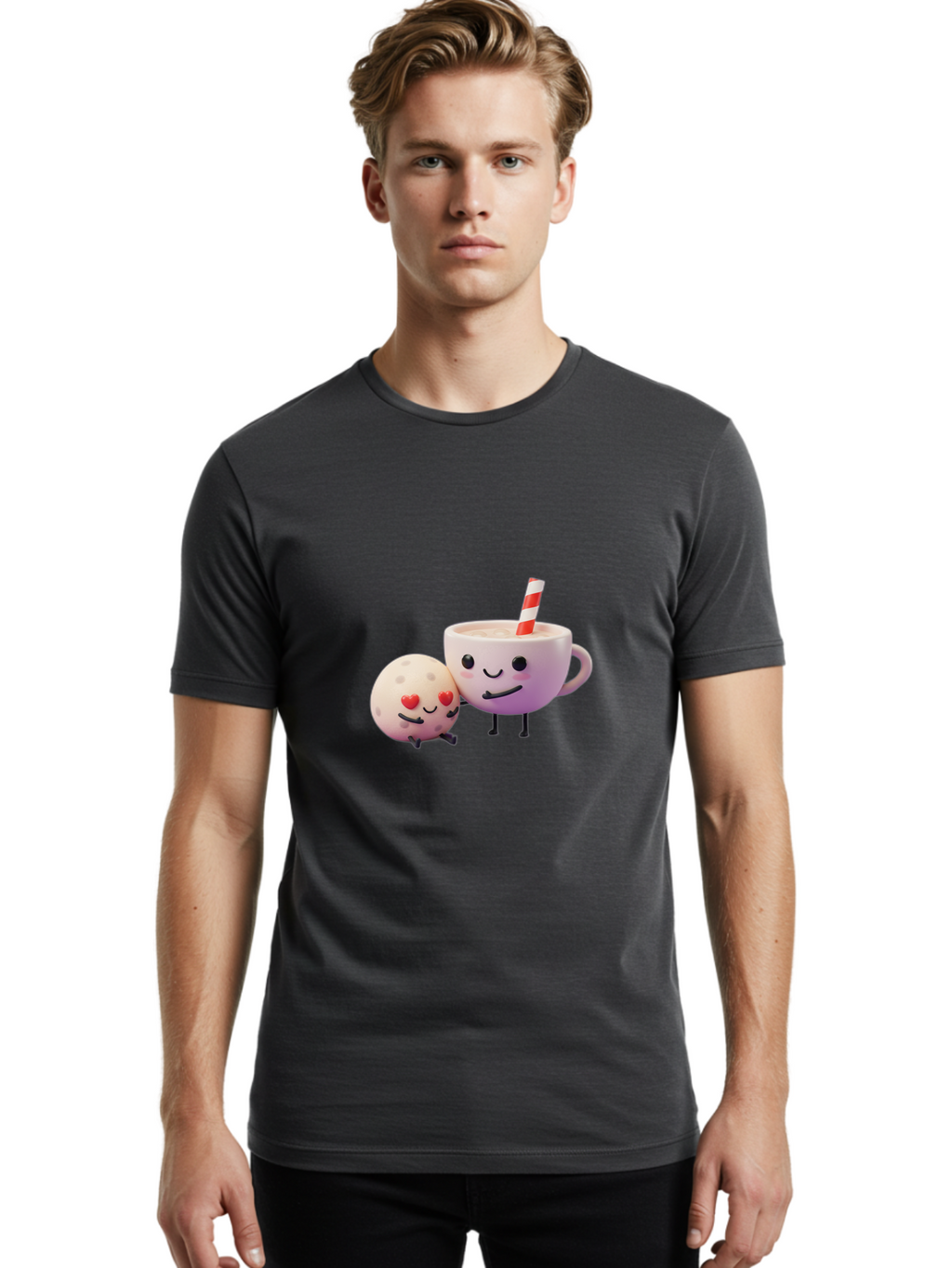 Coffee-Cup-And-Cookie Men'S Graphic Tee, 100% Cotton, Comfortable Casual Summer Wear, Machine Washable, Cartoon Cup, Smiling Cookie, Heart Eyes, Striped Straw, Cute Characters, Anthropomorphic Objects, Playful Design, Whimsical Illustration, Bac878