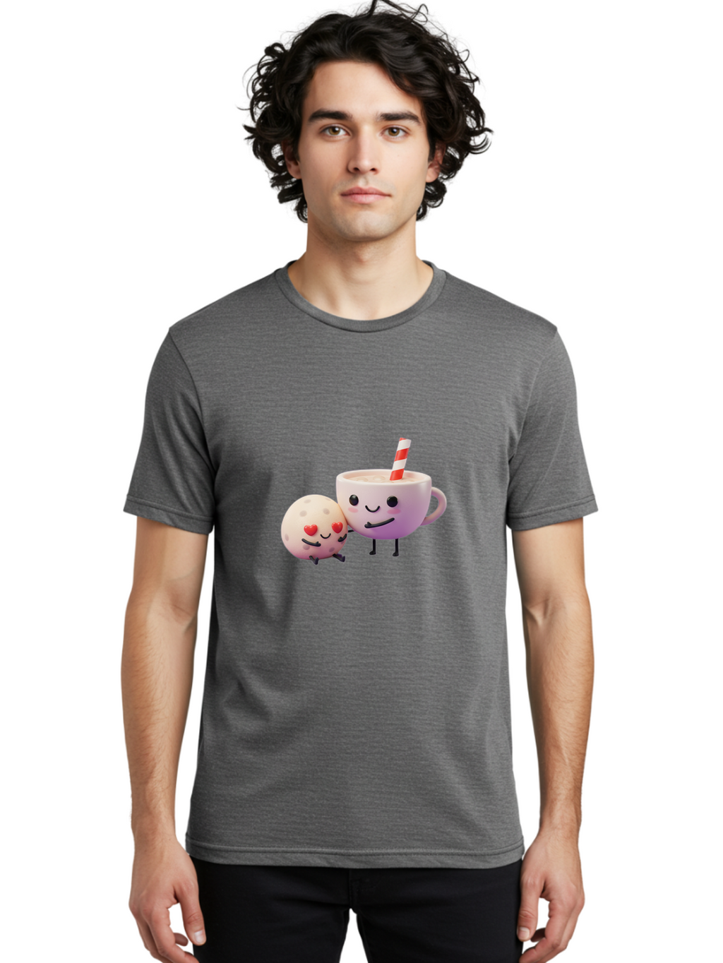Coffee-Cup-And-Cookie Men'S Graphic Tee, 100% Cotton, Comfortable Casual Summer Wear, Machine Washable, Cartoon Cup, Smiling Cookie, Heart Eyes, Striped Straw, Cute Characters, Anthropomorphic Objects, Playful Design, Whimsical Illustration, Bac878