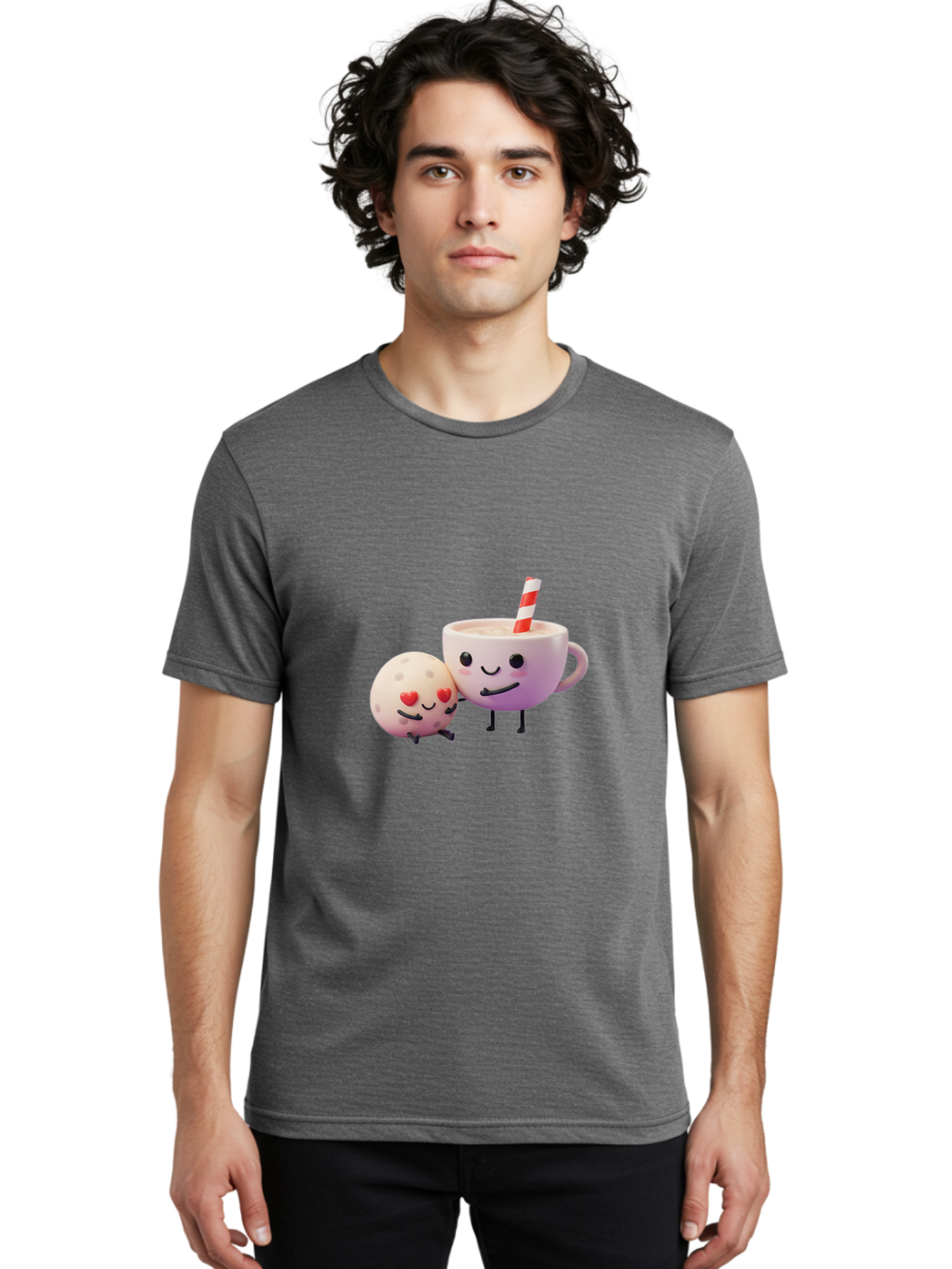 Coffee-Cup-And-Cookie Men'S Graphic Tee, 100% Cotton, Comfortable Casual Summer Wear, Machine Washable, Cartoon Cup, Smiling Cookie, Heart Eyes, Striped Straw, Cute Characters, Anthropomorphic Objects, Playful Design, Whimsical Illustration, Bac878