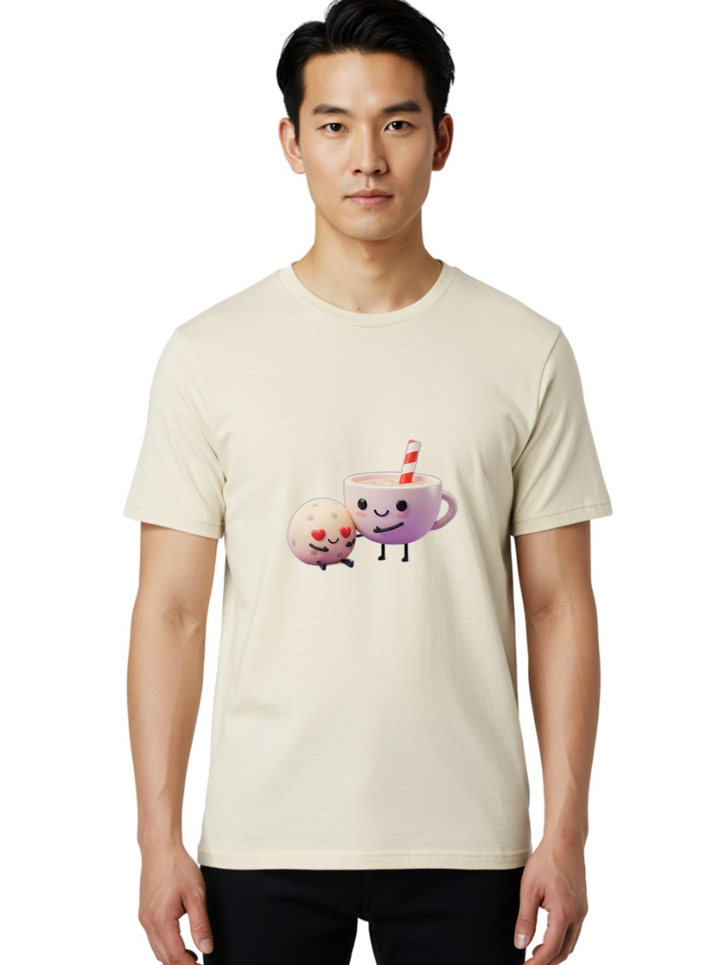 Coffee-Cup-And-Cookie Men'S Graphic Tee, 100% Cotton, Comfortable Casual Summer Wear, Machine Washable, Cartoon Cup, Smiling Cookie, Heart Eyes, Striped Straw, Cute Characters, Anthropomorphic Objects, Playful Design, Whimsical Illustration, Bac878