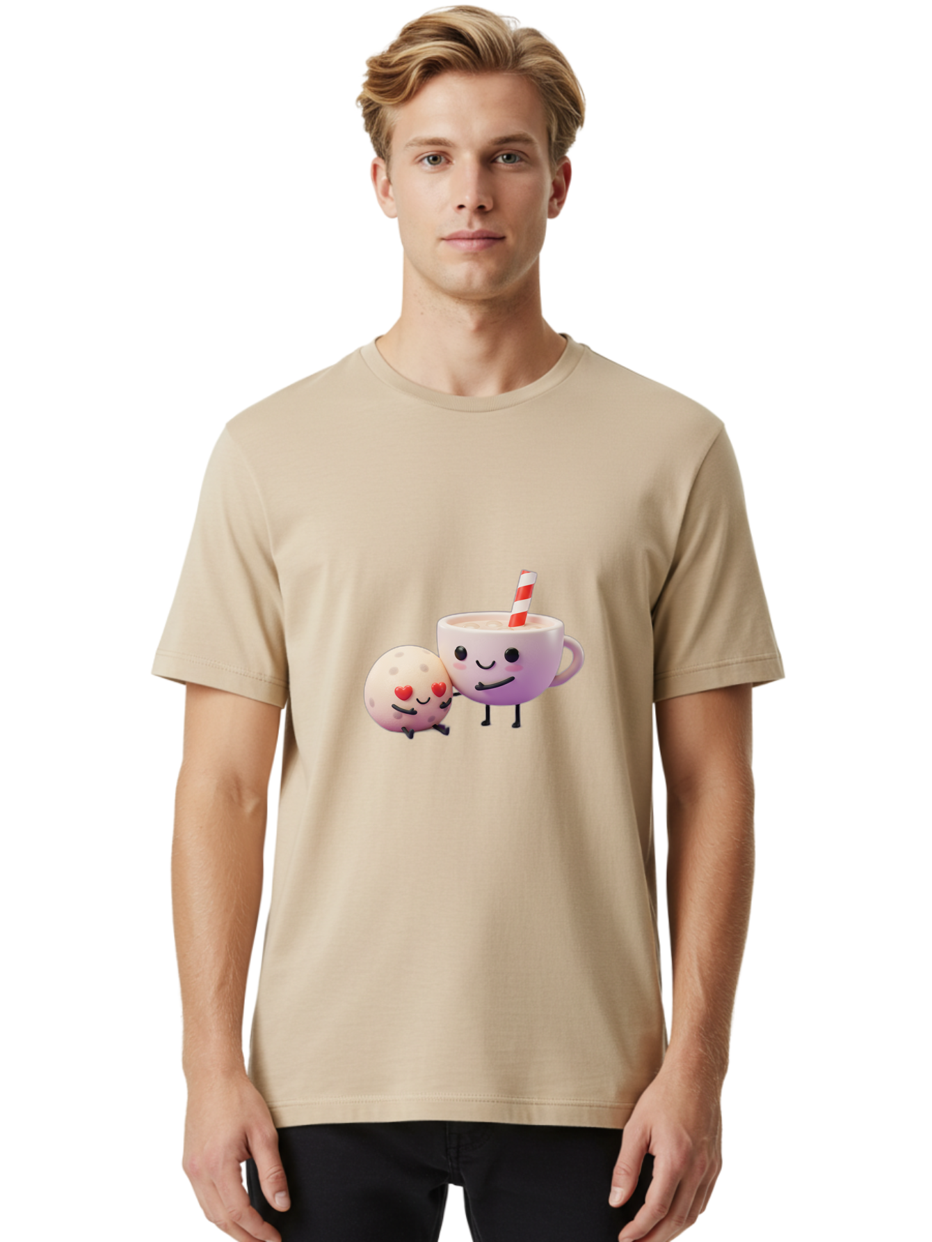 Coffee-Cup-And-Cookie Men'S Graphic Tee, 100% Cotton, Comfortable Casual Summer Wear, Machine Washable, Cartoon Cup, Smiling Cookie, Heart Eyes, Striped Straw, Cute Characters, Anthropomorphic Objects, Playful Design, Whimsical Illustration, Bac878
