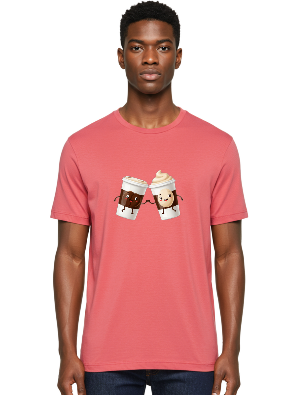 Coffee-Cups Men'S Graphic Tee, 100% Cotton, Comfortable Casual Summer Wear, Machine Washable, Cartoon Coffee Cups, Coffee Characters, Happy Faces, Anthropomorphic Cups, Playful Illustration, Hot Beverages, Cartoon Style, Cup Designs, Bac879