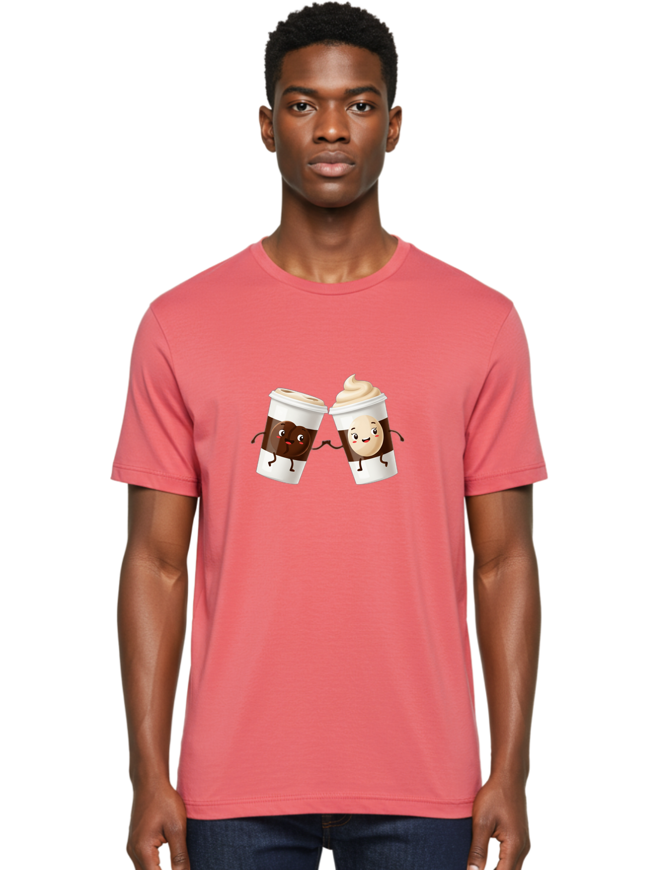 Coffee-Cups Men'S Graphic Tee, 100% Cotton, Comfortable Casual Summer Wear, Machine Washable, Cartoon Coffee Cups, Coffee Characters, Happy Faces, Anthropomorphic Cups, Playful Illustration, Hot Beverages, Cartoon Style, Cup Designs, Bac879