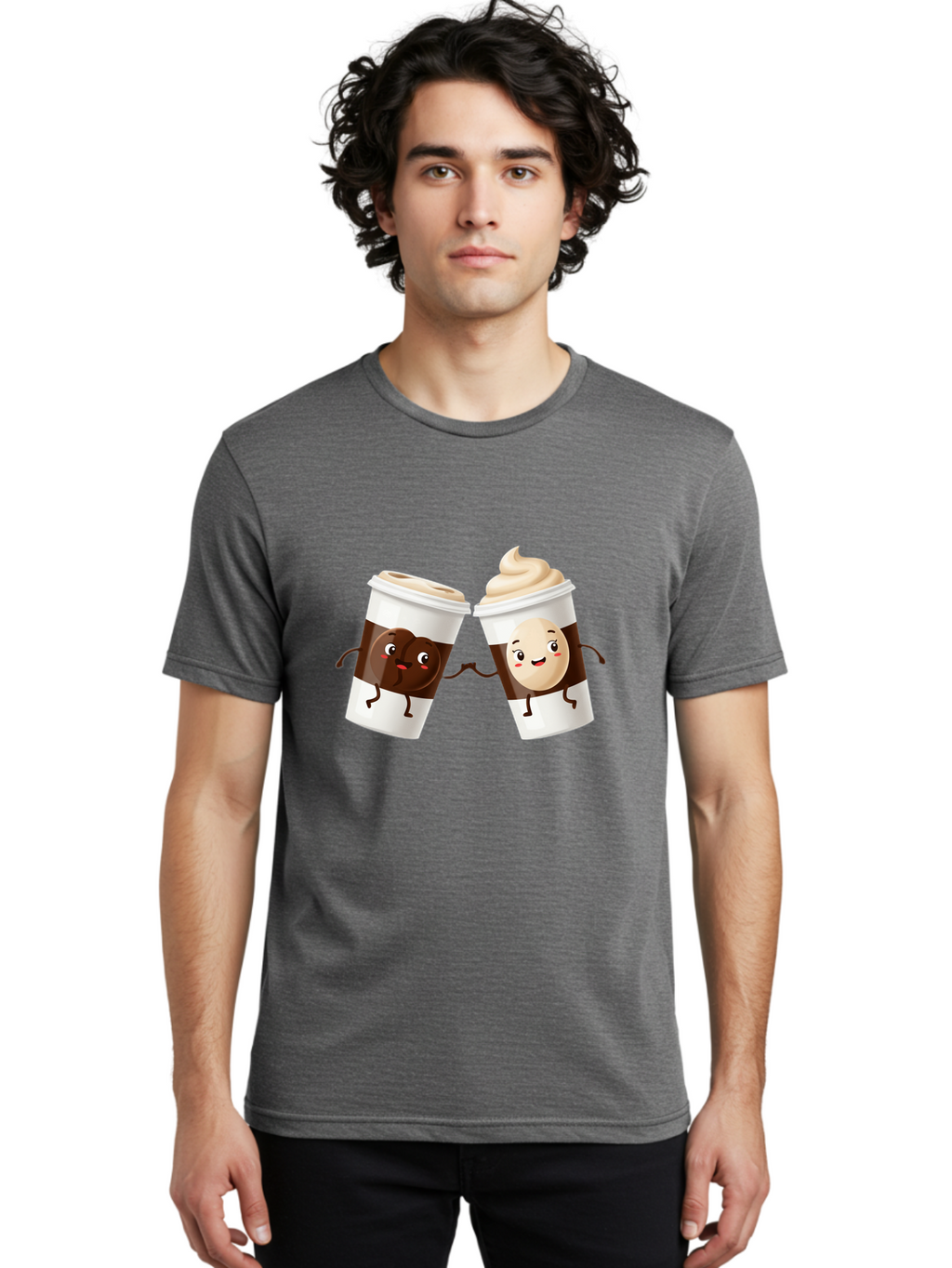 Coffee-Cups Men'S Graphic Tee, 100% Cotton, Comfortable Casual Summer Wear, Machine Washable, Cartoon Coffee Cups, Coffee Characters, Happy Faces, Anthropomorphic Cups, Playful Illustration, Hot Beverages, Cartoon Style, Cup Designs, Bac879