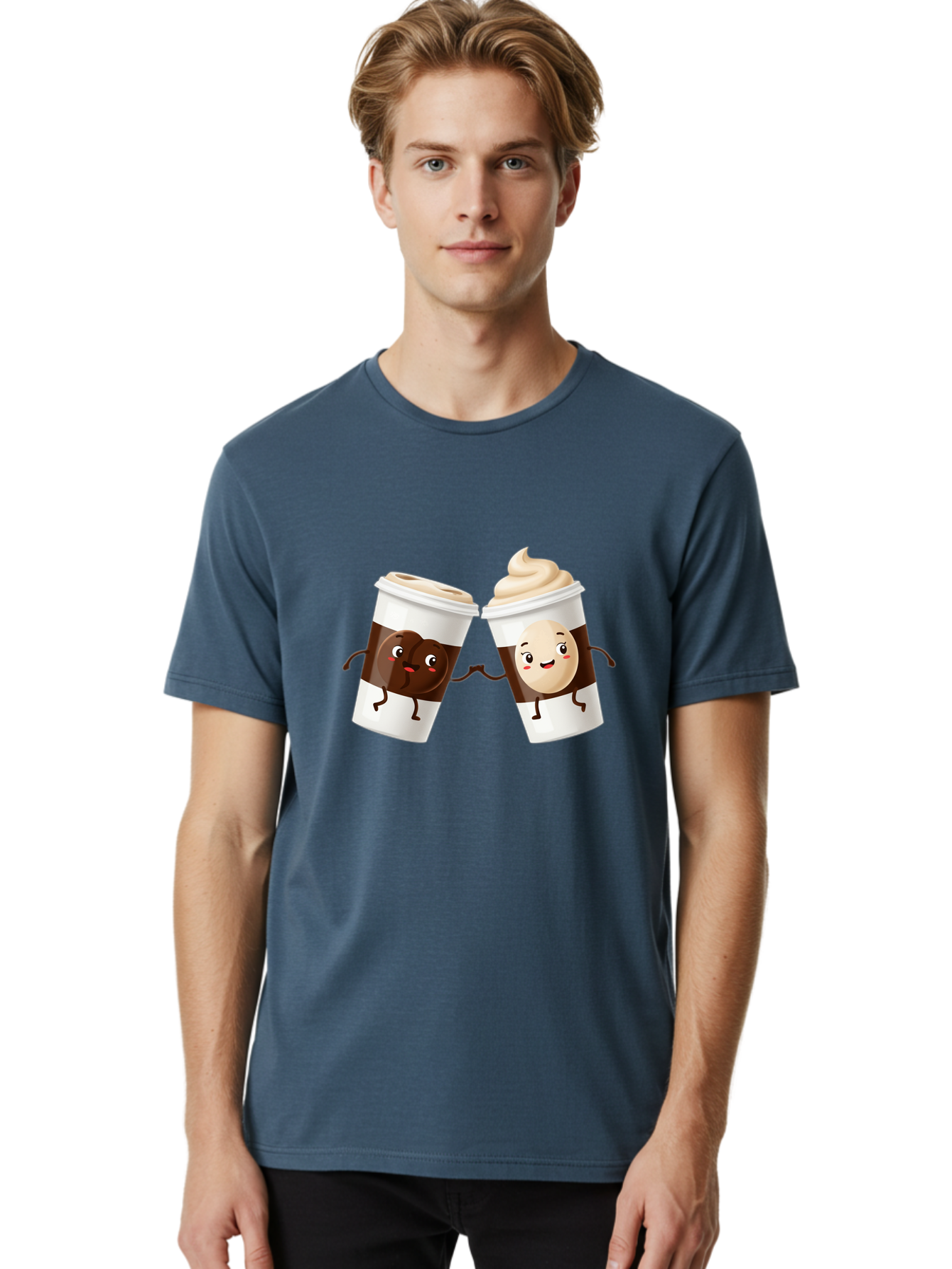 Coffee-Cups Men'S Graphic Tee, 100% Cotton, Comfortable Casual Summer Wear, Machine Washable, Cartoon Coffee Cups, Coffee Characters, Happy Faces, Anthropomorphic Cups, Playful Illustration, Hot Beverages, Cartoon Style, Cup Designs, Bac879