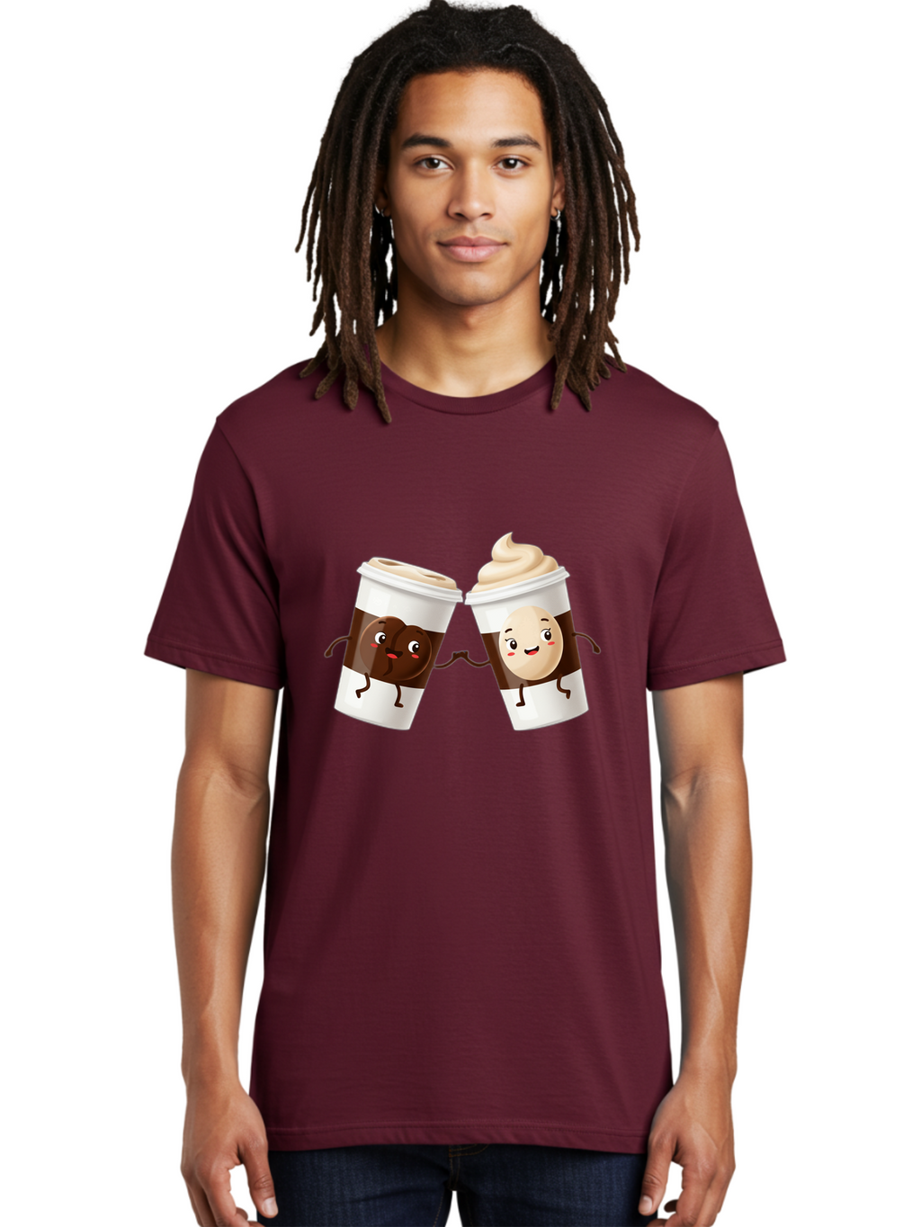 Coffee-Cups Men'S Graphic Tee, 100% Cotton, Comfortable Casual Summer Wear, Machine Washable, Cartoon Coffee Cups, Coffee Characters, Happy Faces, Anthropomorphic Cups, Playful Illustration, Hot Beverages, Cartoon Style, Cup Designs, Bac879