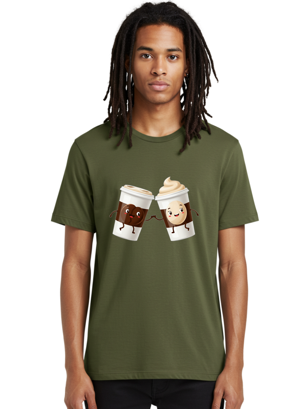 Coffee-Cups Men'S Graphic Tee, 100% Cotton, Comfortable Casual Summer Wear, Machine Washable, Cartoon Coffee Cups, Coffee Characters, Happy Faces, Anthropomorphic Cups, Playful Illustration, Hot Beverages, Cartoon Style, Cup Designs, Bac879