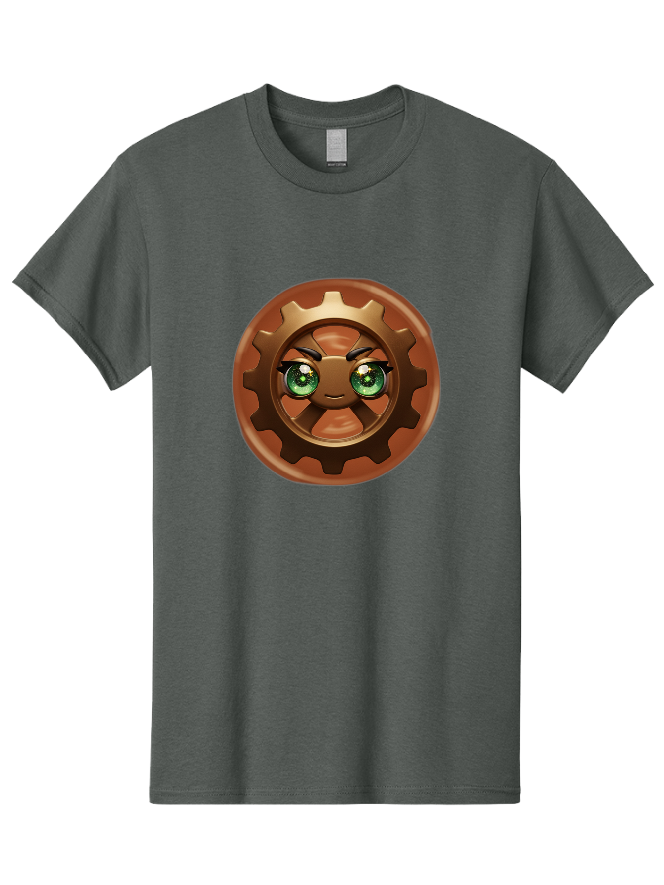 Cog-Character Men'S Graphic Tee, 100% Cotton, Comfortable Casual Summer Wear, Machine Washable, Cartoon Gear Character, Steampunk Design, Mechanical Face, Green Eyes, Eyebrow Raise, 3D Rendering, Gear Teeth, Mechanical Character, Kawaii Style, Bac880