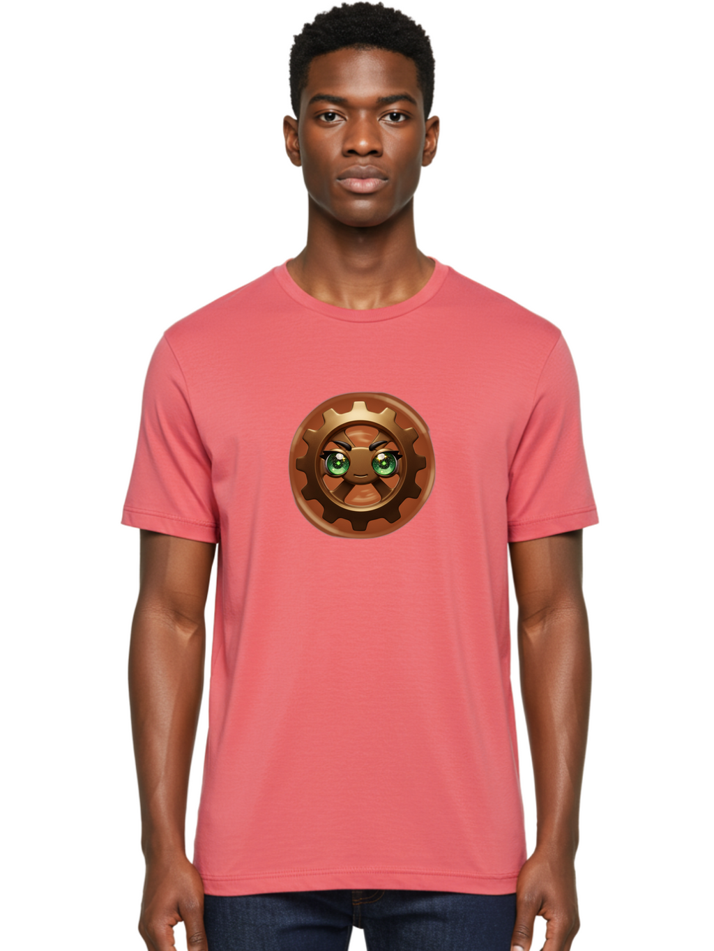 Cog-Character Men'S Graphic Tee, 100% Cotton, Comfortable Casual Summer Wear, Machine Washable, Cartoon Gear Character, Steampunk Design, Mechanical Face, Green Eyes, Eyebrow Raise, 3D Rendering, Gear Teeth, Mechanical Character, Kawaii Style, Bac880