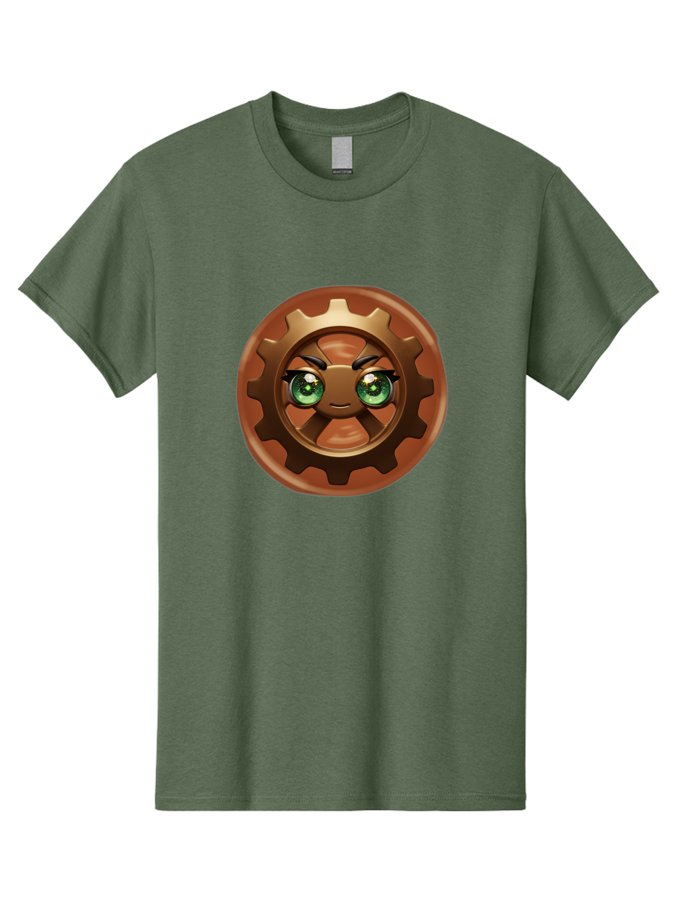 Cog-Character Men'S Graphic Tee, 100% Cotton, Comfortable Casual Summer Wear, Machine Washable, Cartoon Gear Character, Steampunk Design, Mechanical Face, Green Eyes, Eyebrow Raise, 3D Rendering, Gear Teeth, Mechanical Character, Kawaii Style, Bac880