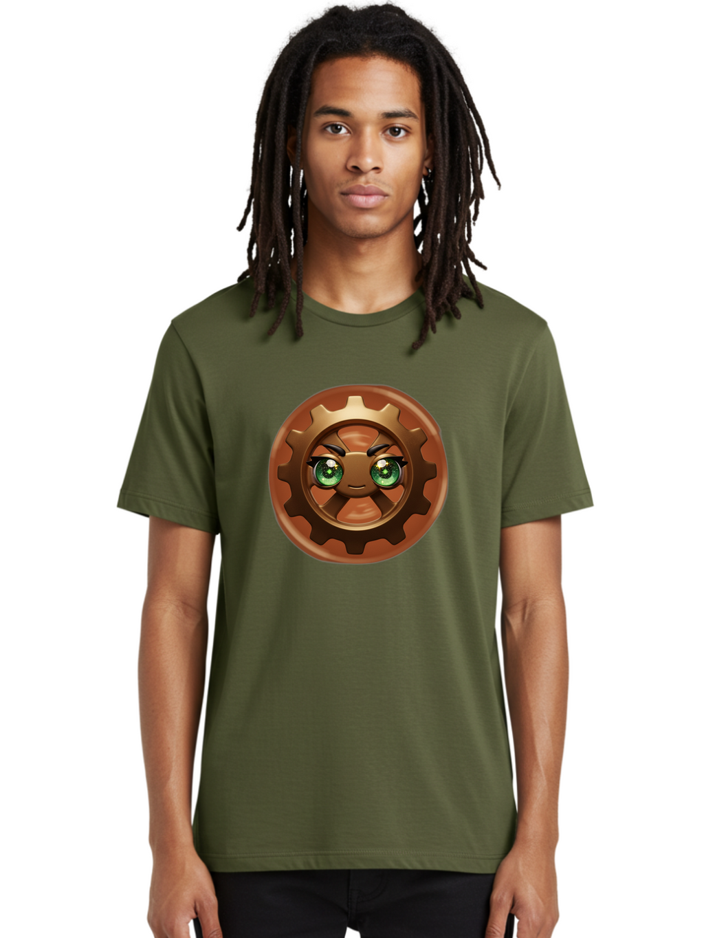 Cog-Character Men'S Graphic Tee, 100% Cotton, Comfortable Casual Summer Wear, Machine Washable, Cartoon Gear Character, Steampunk Design, Mechanical Face, Green Eyes, Eyebrow Raise, 3D Rendering, Gear Teeth, Mechanical Character, Kawaii Style, Bac880