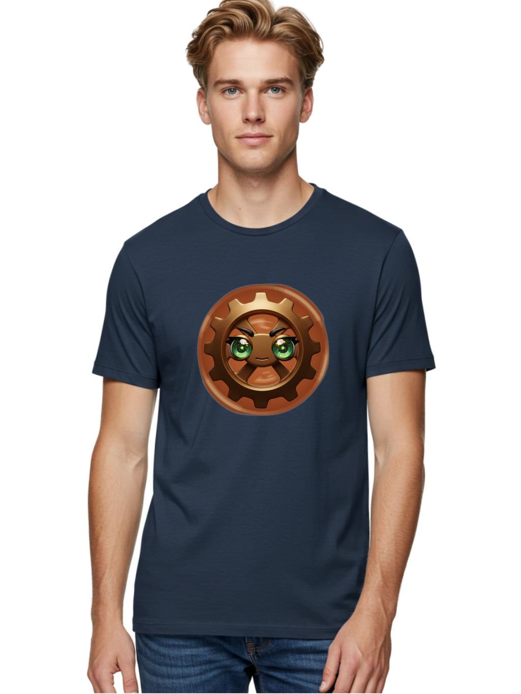 Cog-Character Men'S Graphic Tee, 100% Cotton, Comfortable Casual Summer Wear, Machine Washable, Cartoon Gear Character, Steampunk Design, Mechanical Face, Green Eyes, Eyebrow Raise, 3D Rendering, Gear Teeth, Mechanical Character, Kawaii Style, Bac880