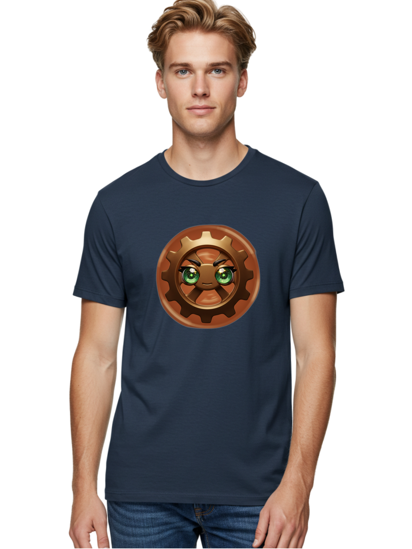 Cog-Character Men'S Graphic Tee, 100% Cotton, Comfortable Casual Summer Wear, Machine Washable, Cartoon Gear Character, Steampunk Design, Mechanical Face, Green Eyes, Eyebrow Raise, 3D Rendering, Gear Teeth, Mechanical Character, Kawaii Style, Bac880