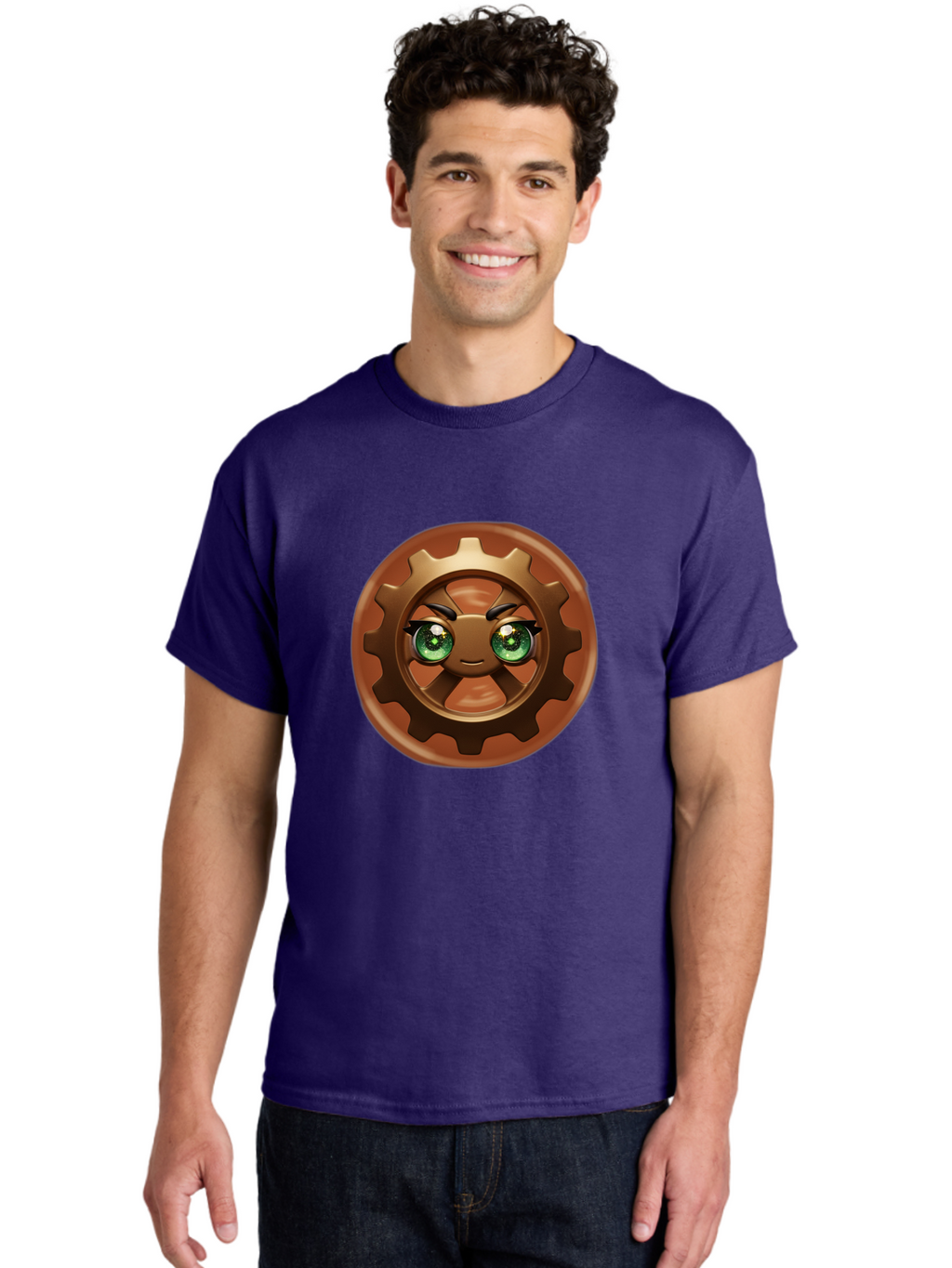 Cog-Character Men'S Graphic Tee, 100% Cotton, Comfortable Casual Summer Wear, Machine Washable, Cartoon Gear Character, Steampunk Design, Mechanical Face, Green Eyes, Eyebrow Raise, 3D Rendering, Gear Teeth, Mechanical Character, Kawaii Style, Bac880