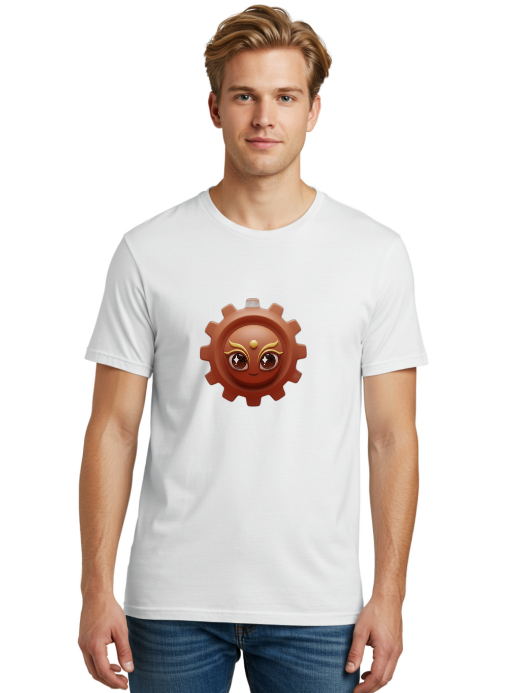 Cog-Emoji-1 Men'S Graphic Tee, 100% Cotton, Comfortable Casual Summer Wear, Machine Washable, Cartoon Cog, Gear Emoji, Mechanical Face, 3D Illustration, Animated Machinery, Robotic Character, Smiling Cog, Tech-Inspired Art, Machinery Parts, Bac881