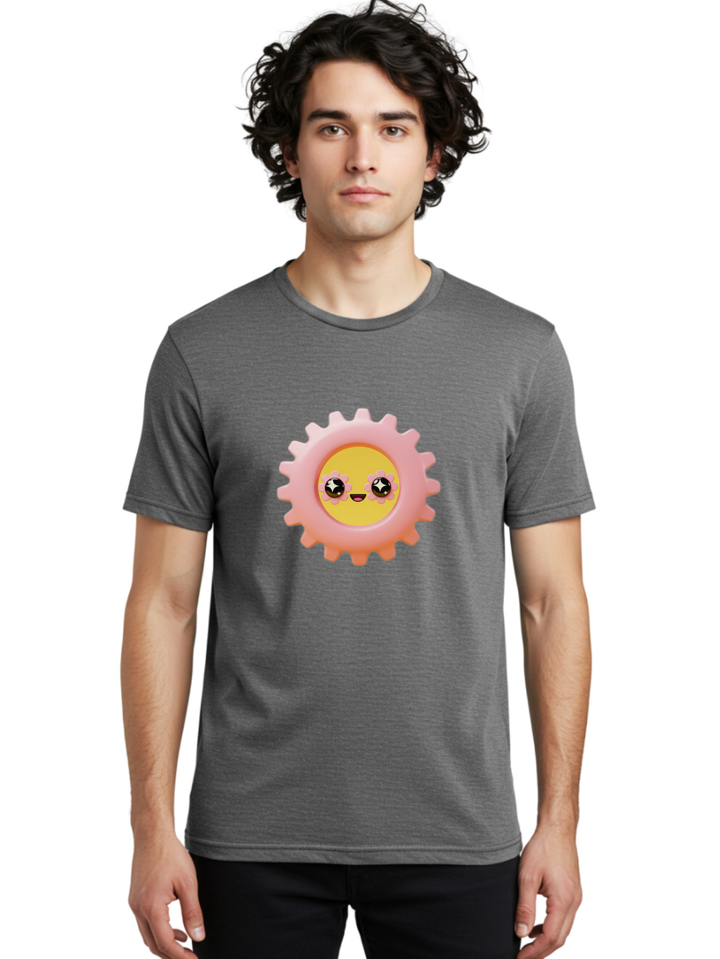 Cog-Emoji Men'S Graphic Tee, 100% Cotton, Comfortable Casual Summer Wear, Machine Washable, Pink Gear, Smiley Face, Cartoon Character, Playful Smile, Happy Expression, Cute Design, Toothed Wheel, Yellow Center, Black Eyes Bac882