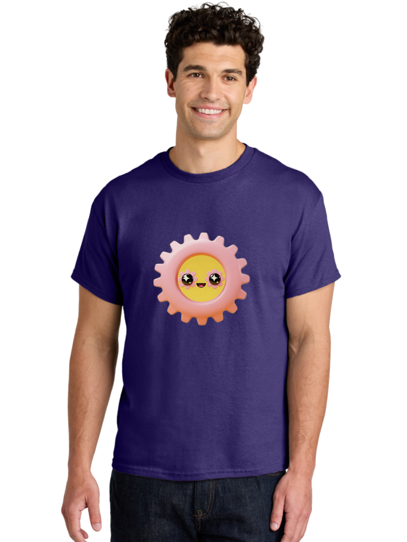 Cog-Emoji Men'S Graphic Tee, 100% Cotton, Comfortable Casual Summer Wear, Machine Washable, Pink Gear, Smiley Face, Cartoon Character, Playful Smile, Happy Expression, Cute Design, Toothed Wheel, Yellow Center, Black Eyes Bac882