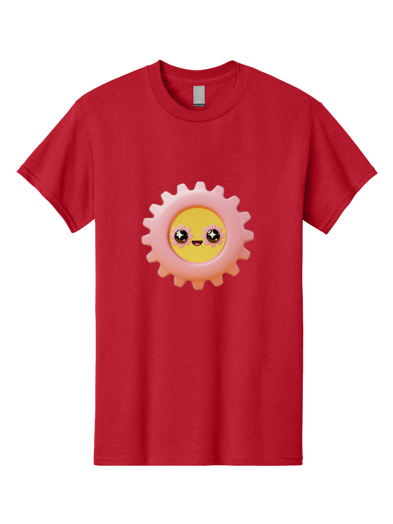 Cog-Emoji Men'S Graphic Tee, 100% Cotton, Comfortable Casual Summer Wear, Machine Washable, Pink Gear, Smiley Face, Cartoon Character, Playful Smile, Happy Expression, Cute Design, Toothed Wheel, Yellow Center, Black Eyes Bac882