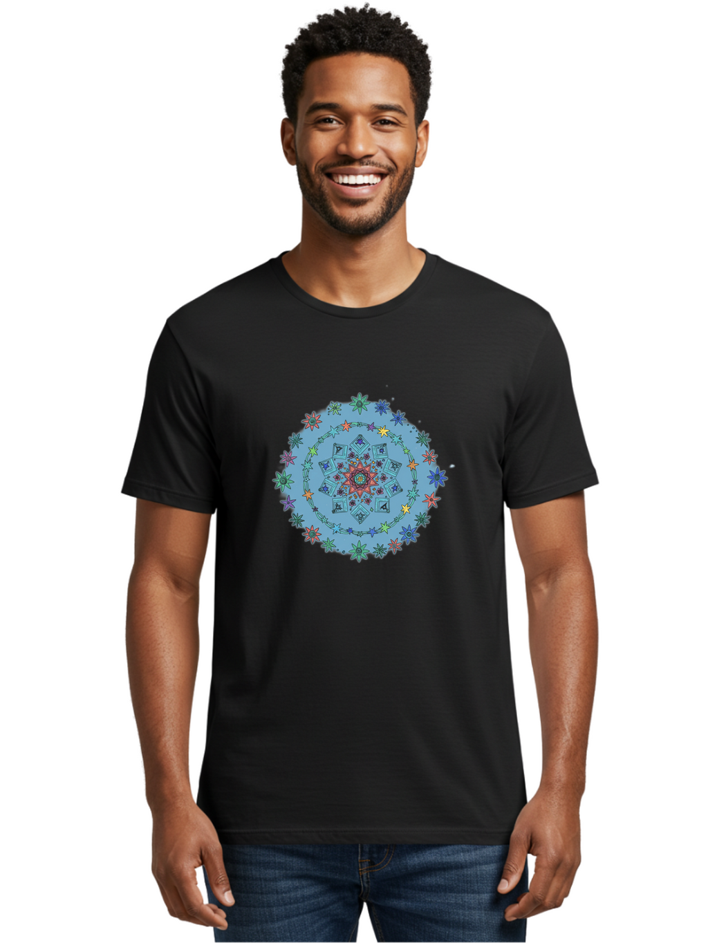 Colorful-Mandala Men'S Graphic Tee, 100% Cotton, Comfortable Casual Summer Wear, Machine Washable, Kaleidoscope Pattern, Mandala Design, Floral Motif, Symmetrical Art, Colorful Geometric Shapes, Vibrant Colors, Intricate Details, Abstract Art, Bac885