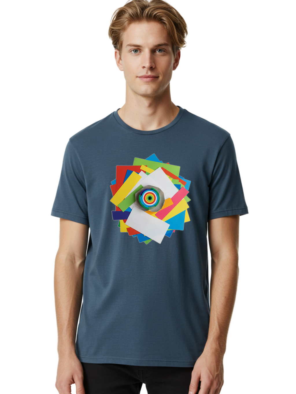 Colorful-Paper-Scraps Men'S Graphic Tee, 100% Cotton, Comfortable Casual Summer Wear, Machine Washable, Multicolored Papers, Camera Lens, Creative Collage, Art Supplies, Vibrant Colors, Colorful Textures, Abstract Art, Photography Equipment Bac886