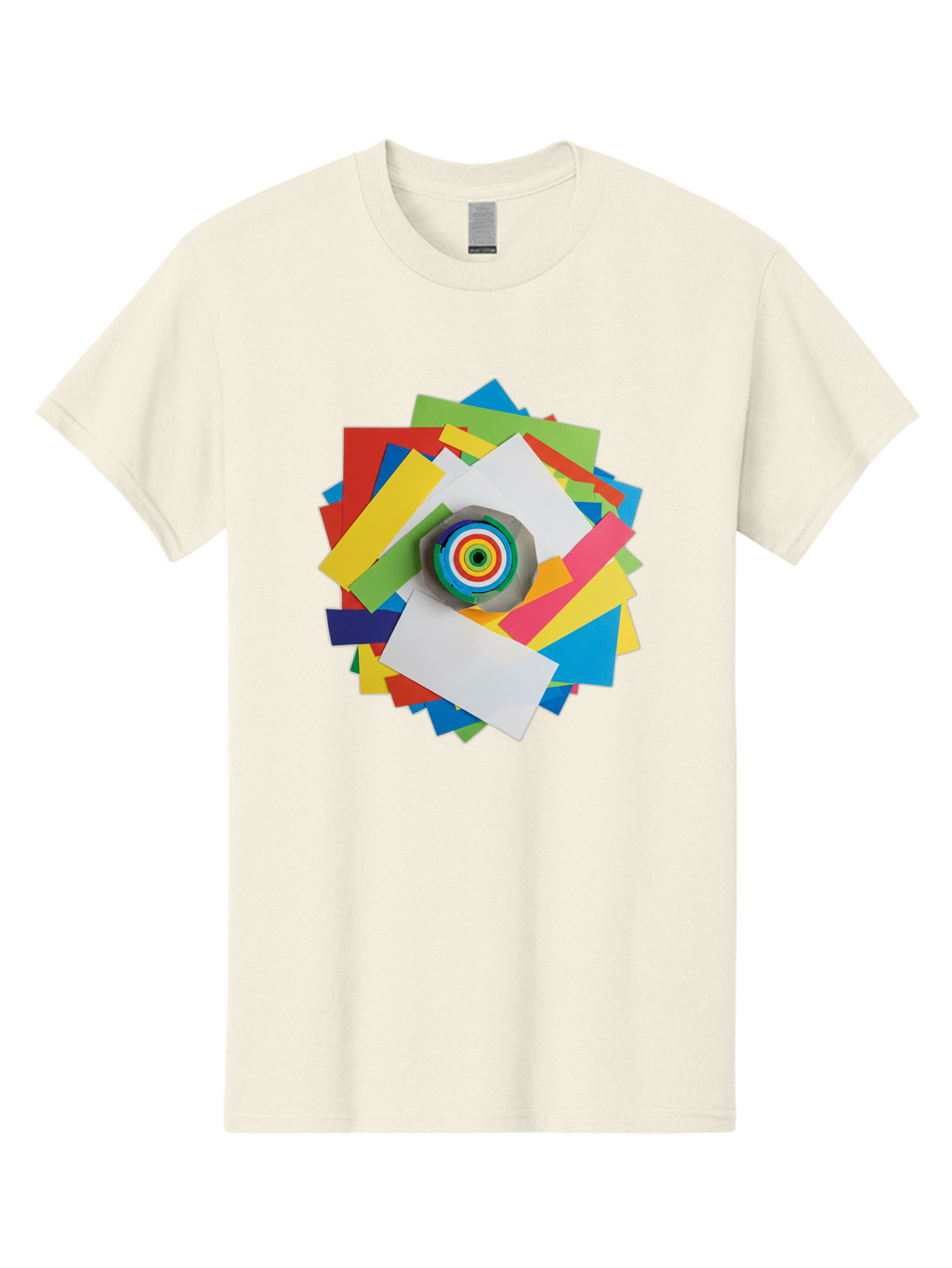 Colorful-Paper-Scraps Men'S Graphic Tee, 100% Cotton, Comfortable Casual Summer Wear, Machine Washable, Multicolored Papers, Camera Lens, Creative Collage, Art Supplies, Vibrant Colors, Colorful Textures, Abstract Art, Photography Equipment Bac886