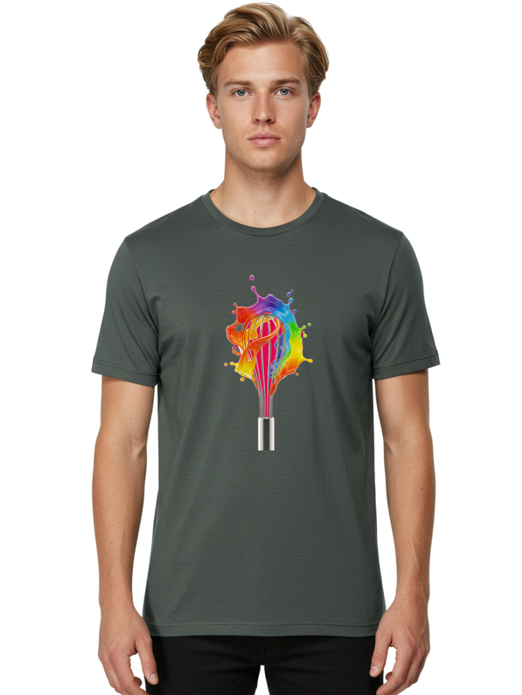 Colorful-Whisk-Splash Men'S Graphic Tee, 100% Cotton, Comfortable Casual Summer Wear, Machine Washable, Rainbow-Colored Splash, Kitchen Utensil, Vibrant Colors, Dynamic Movement, Creative Cooking, Artistic Design, Colorful Swirl, Bac887