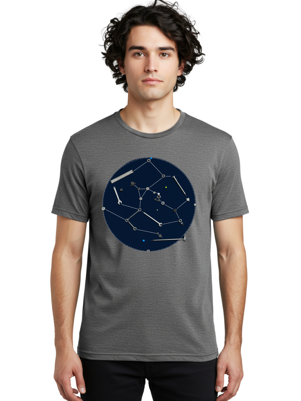 Constellation-Pattern Men'S Graphic Tee, 100% Cotton, Comfortable Casual Summer Wear, Machine Washable, Tools Forming A Constellation, Wrenches As Stars, Creative Representation, Mechanical Art, Unique Pattern, Industrial Elements, Bac888
