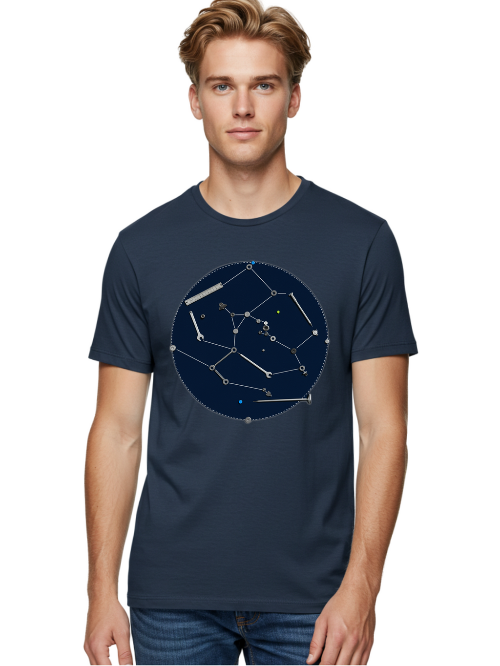 Constellation-Pattern Men'S Graphic Tee, 100% Cotton, Comfortable Casual Summer Wear, Machine Washable, Tools Forming A Constellation, Wrenches As Stars, Creative Representation, Mechanical Art, Unique Pattern, Industrial Elements, Bac888