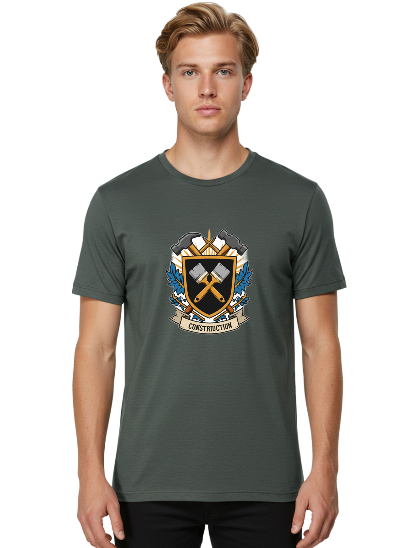 Constriuction Men'S Graphic Tee, 100% Cotton, Comfortable Casual Summer Wear, Machine Washable, Construction Logo, Crossed Paintbrushes, Hammer, Chisel, Shield Emblem, Blue Leaves, Construction Tools, Creative Design, Artistic Elements, Bac889