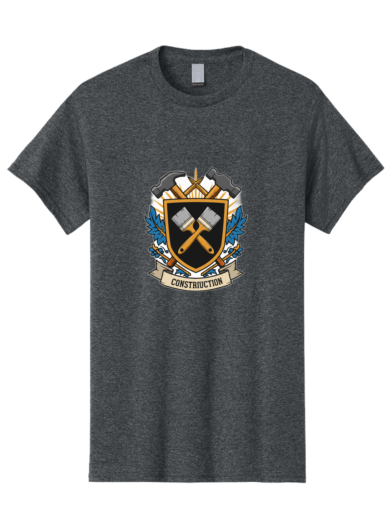 Constriuction Men'S Graphic Tee, 100% Cotton, Comfortable Casual Summer Wear, Machine Washable, Construction Logo, Crossed Paintbrushes, Hammer, Chisel, Shield Emblem, Blue Leaves, Construction Tools, Creative Design, Artistic Elements, Bac889