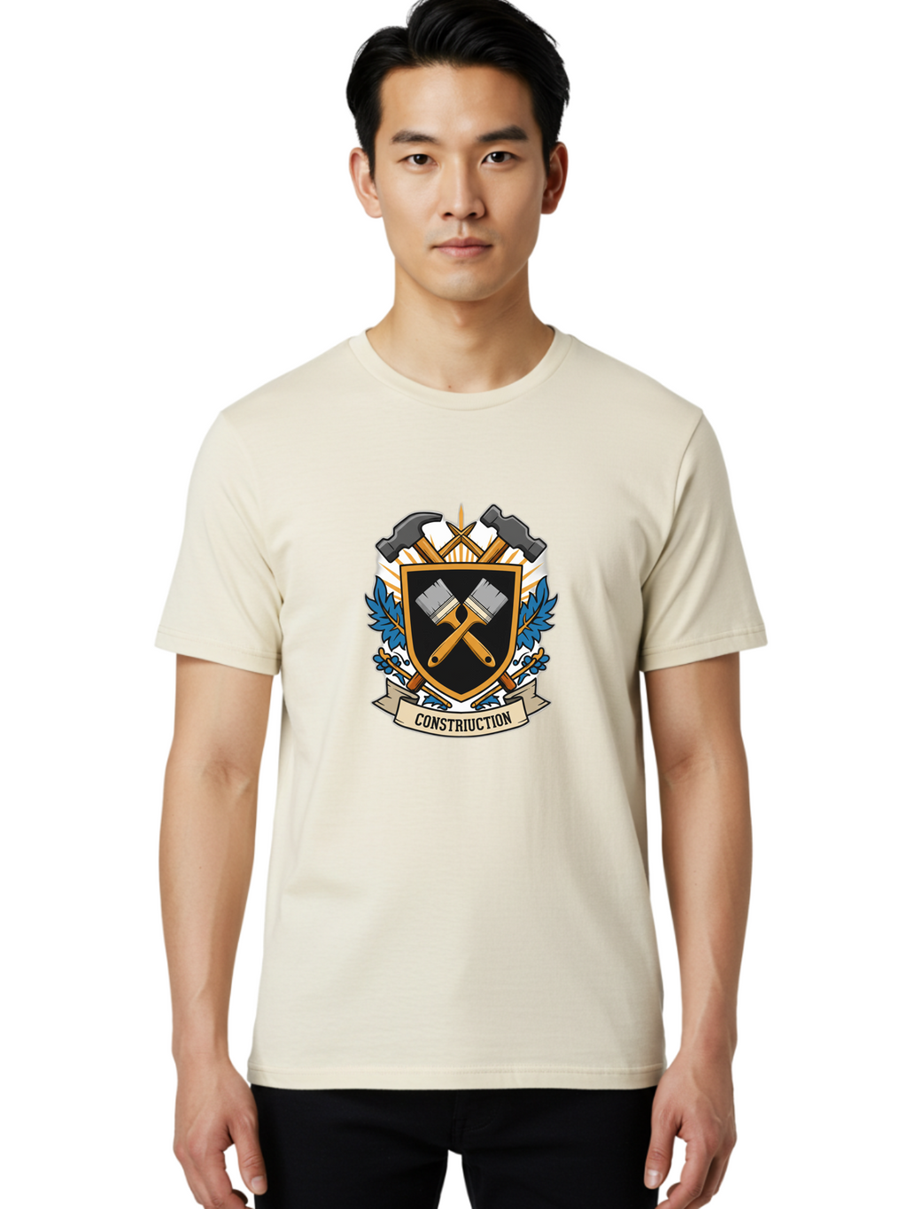 Constriuction Men'S Graphic Tee, 100% Cotton, Comfortable Casual Summer Wear, Machine Washable, Construction Logo, Crossed Paintbrushes, Hammer, Chisel, Shield Emblem, Blue Leaves, Construction Tools, Creative Design, Artistic Elements, Bac889
