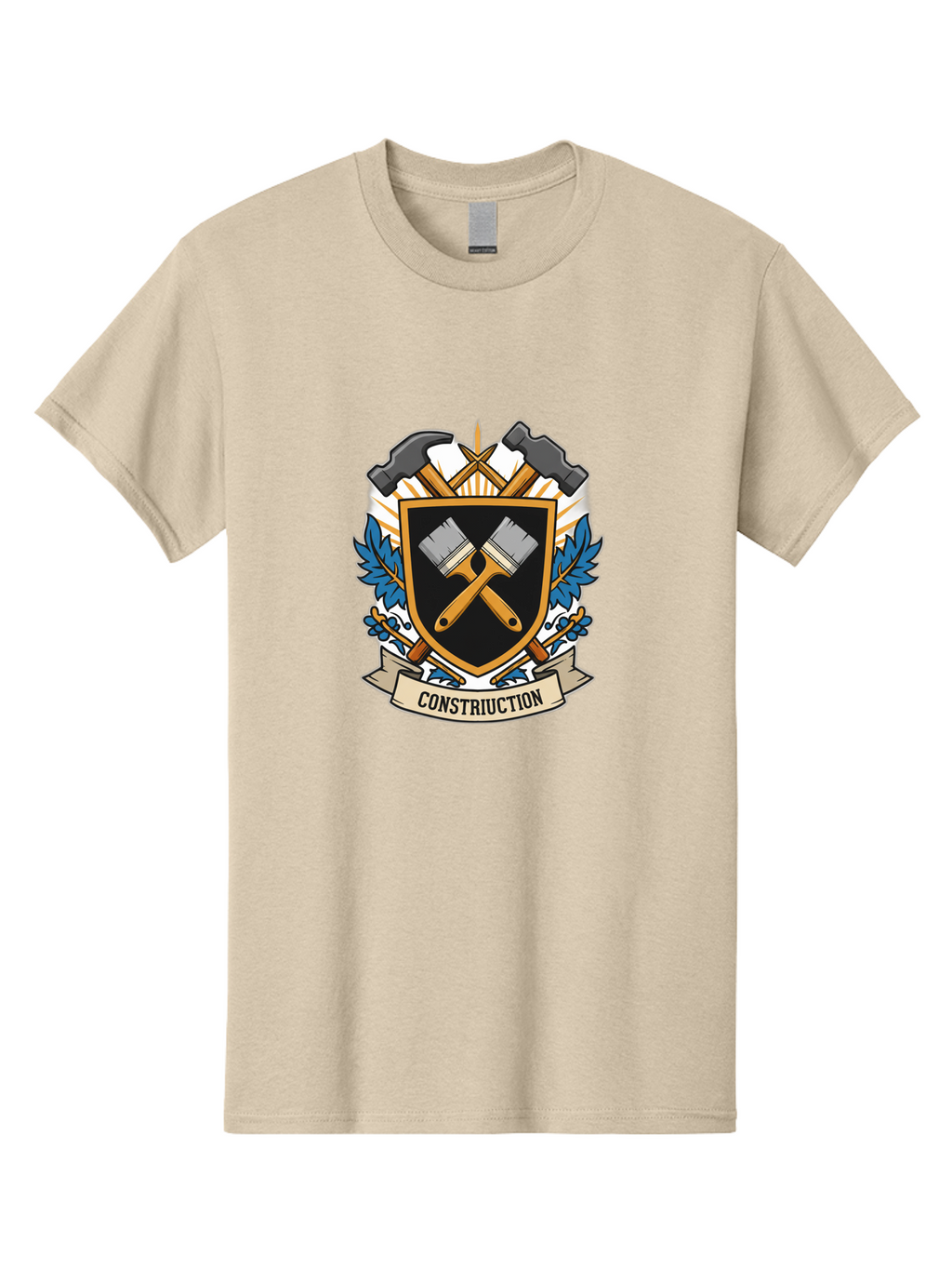 Constriuction Men'S Graphic Tee, 100% Cotton, Comfortable Casual Summer Wear, Machine Washable, Construction Logo, Crossed Paintbrushes, Hammer, Chisel, Shield Emblem, Blue Leaves, Construction Tools, Creative Design, Artistic Elements, Bac889