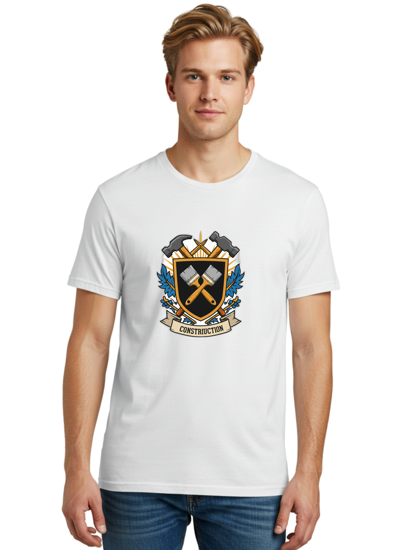 Constriuction Men'S Graphic Tee, 100% Cotton, Comfortable Casual Summer Wear, Machine Washable, Construction Logo, Crossed Paintbrushes, Hammer, Chisel, Shield Emblem, Blue Leaves, Construction Tools, Creative Design, Artistic Elements, Bac889