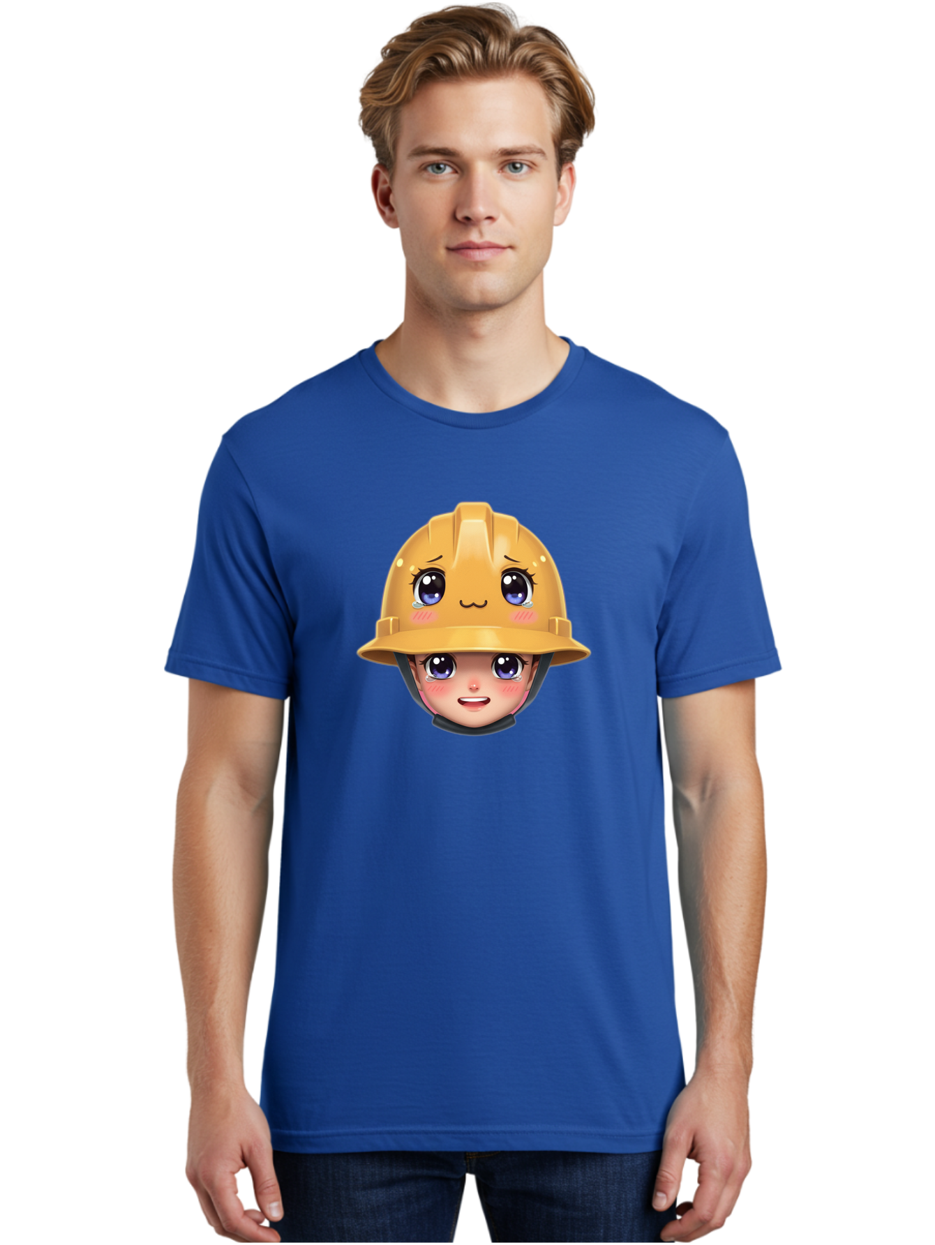 Construction-Hard-Hat-Emoji Men'S Graphic Tee, 100% Cotton, Comfortable Casual Summer Wear, Machine Washable, Kawaii Emoji, Cute Face, Hard Hat, Cartoon Character, Yellow Safety Helmet, Big Eyes, Rosy Cheeks, Smiling Face, Construction Worker, Bac890