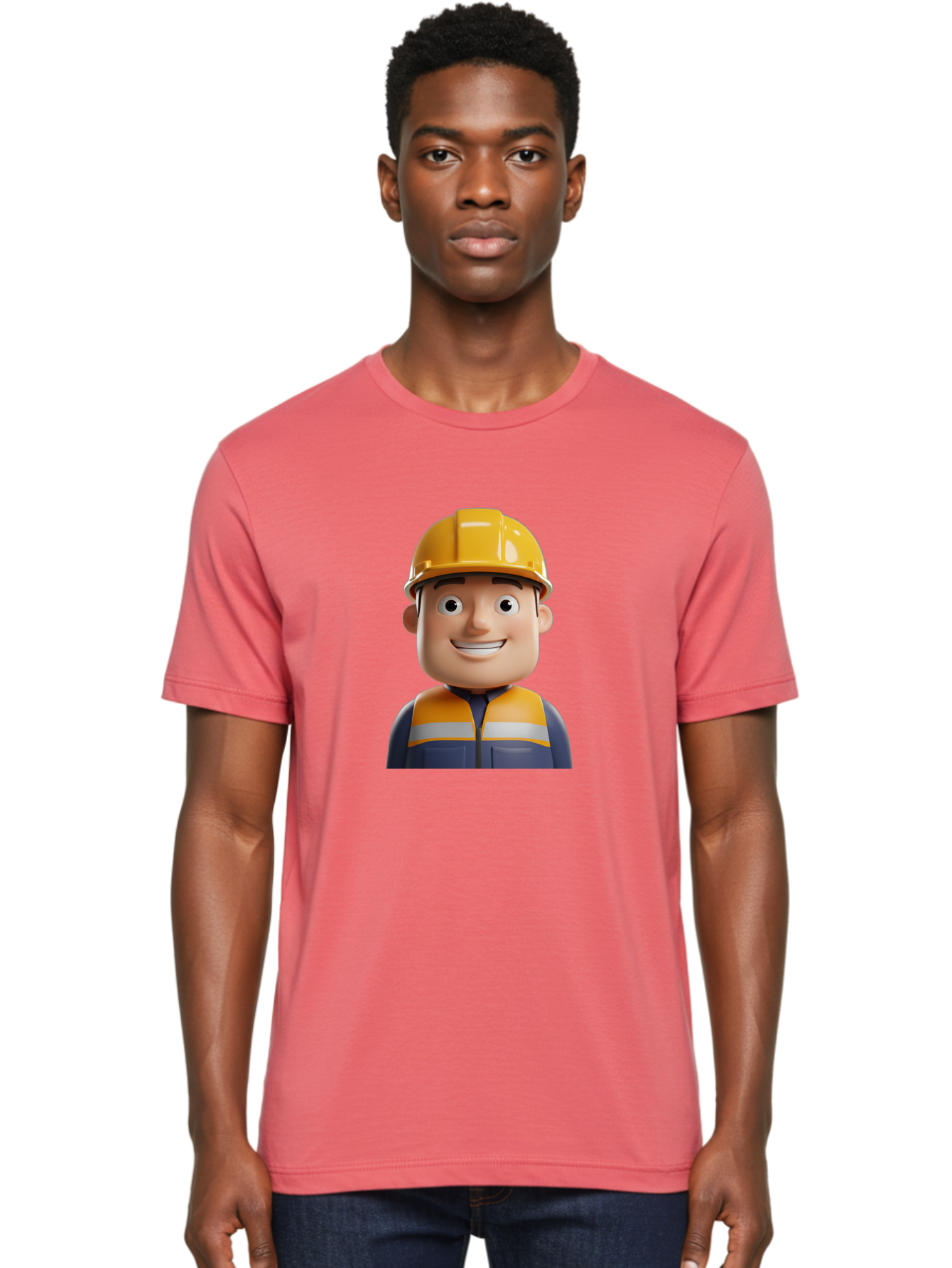 Construction-Worker-1 Men'S Graphic Tee, 100% Cotton, Comfortable Casual Summer Wear, Machine Washable, 3D Cartoon Character, Construction Worker, Hard Hat, Safety Vest, Reflective Stripes, Smiling Face, Blue Uniform, Yellow Helmet, Bac892
