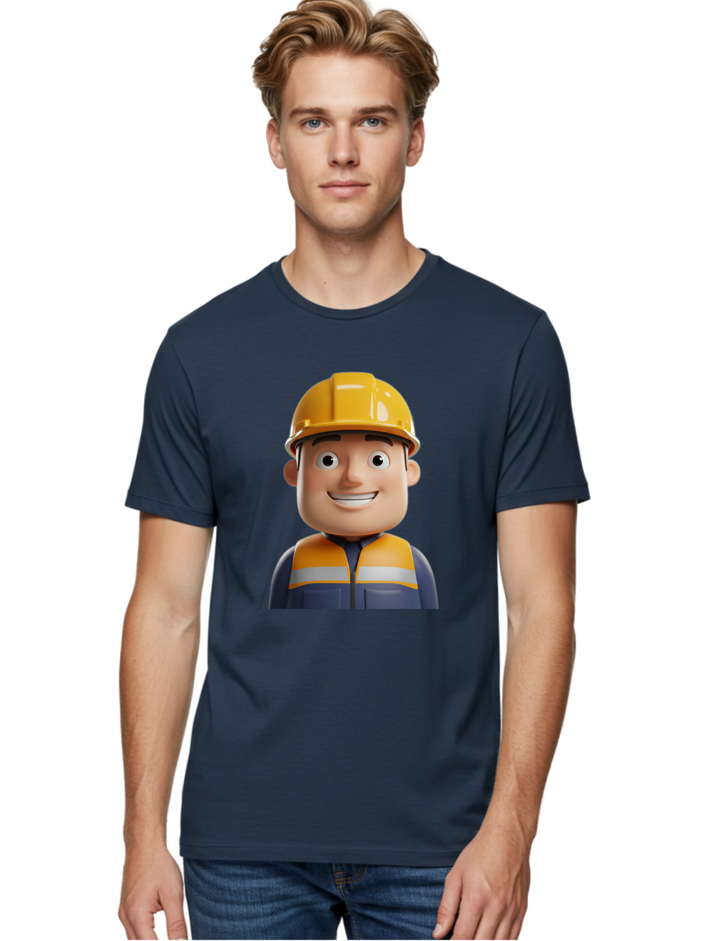Construction-Worker-1 Men'S Graphic Tee, 100% Cotton, Comfortable Casual Summer Wear, Machine Washable, 3D Cartoon Character, Construction Worker, Hard Hat, Safety Vest, Reflective Stripes, Smiling Face, Blue Uniform, Yellow Helmet, Bac892